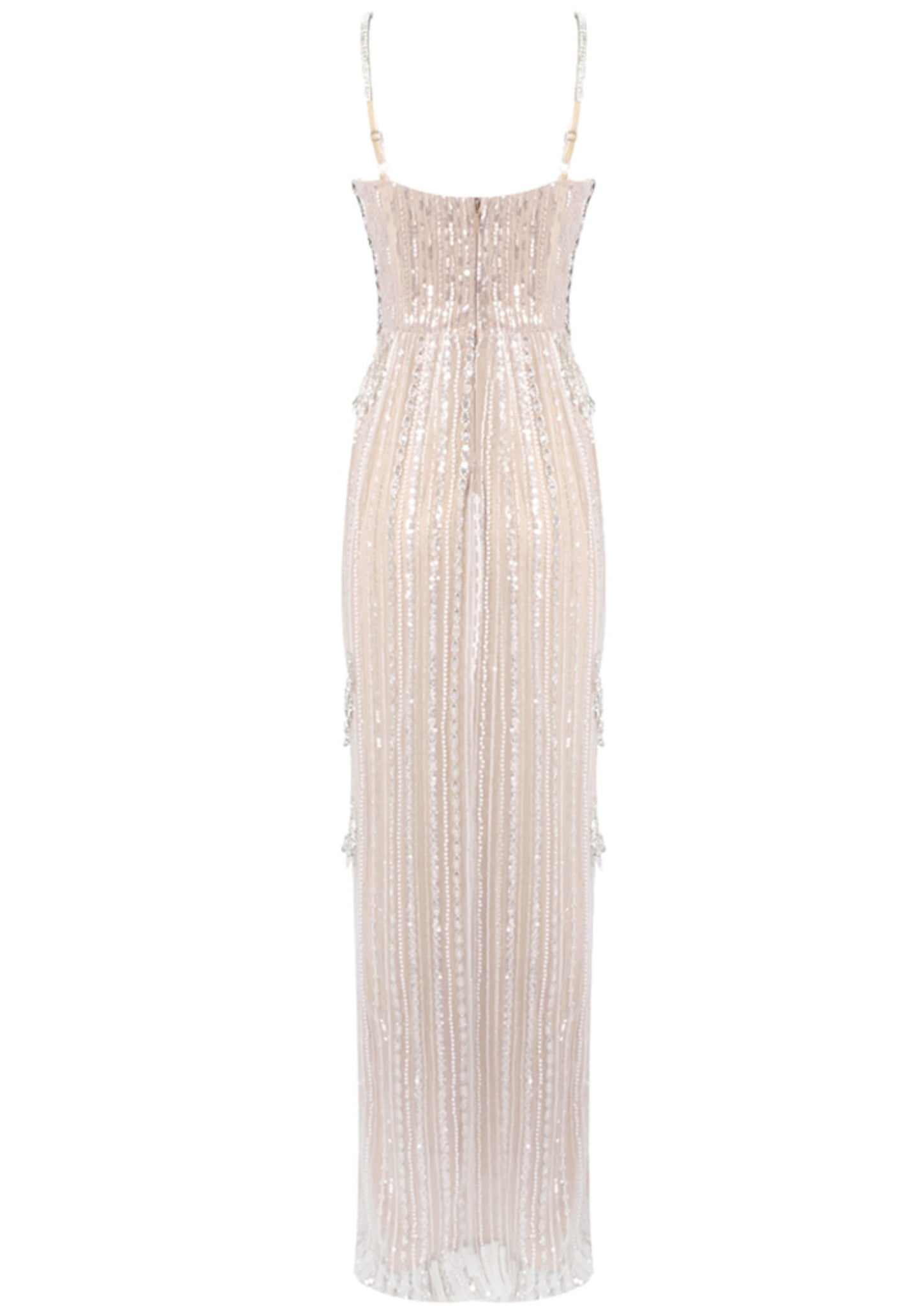 Zyxara Crystal Sequin Bustier Maxi Dress In Nude