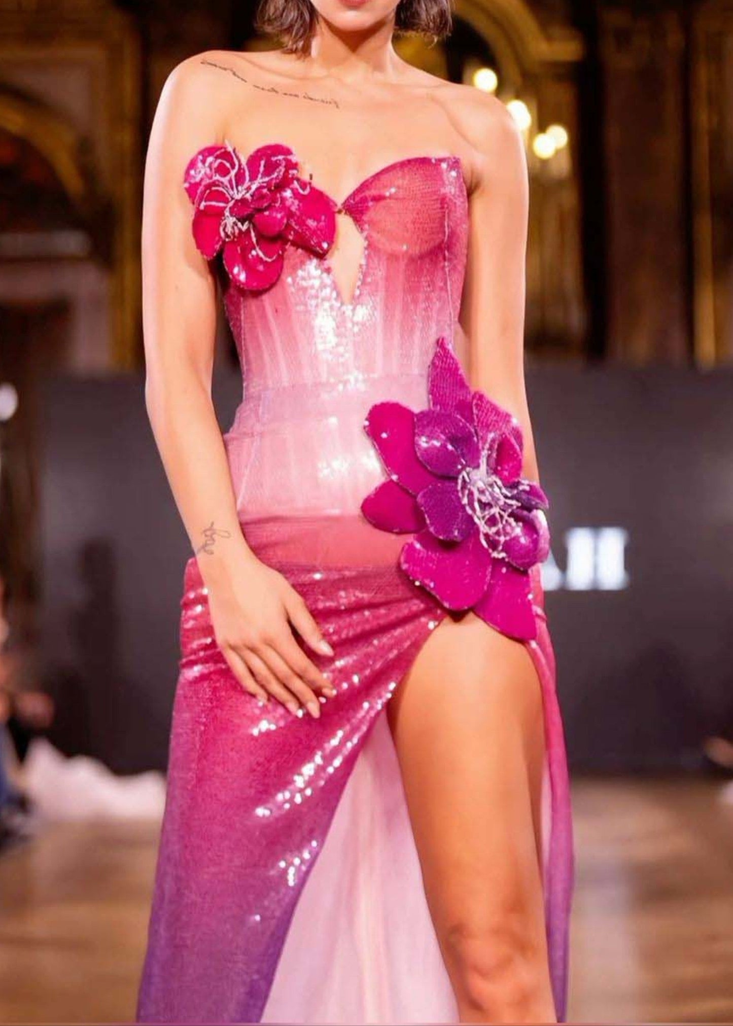 Caelith Strapless Floral Sequin Maxi Dress Hot In Pink