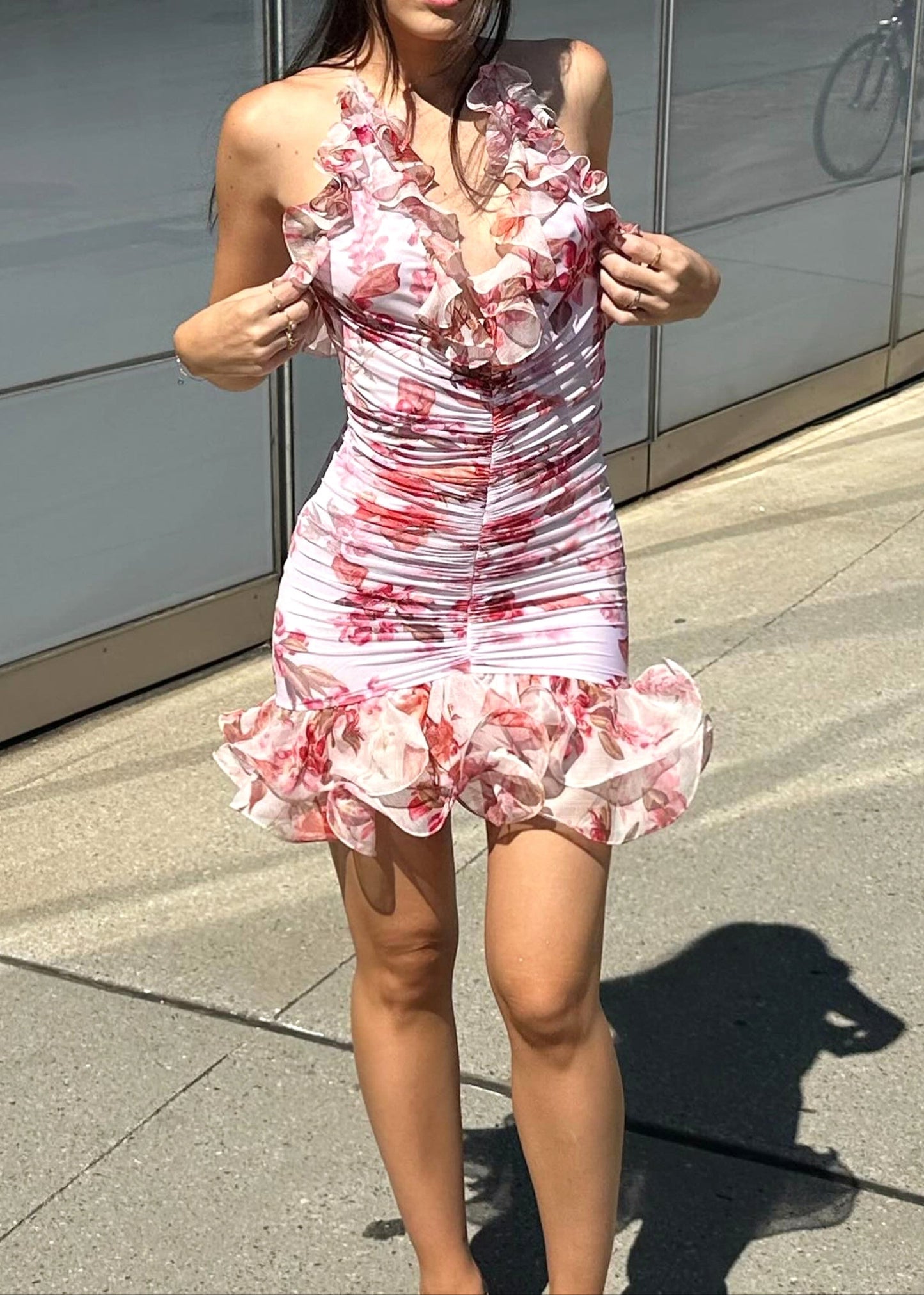 Jaldor Halter Floral Ruched Ruffle Dress In Pink