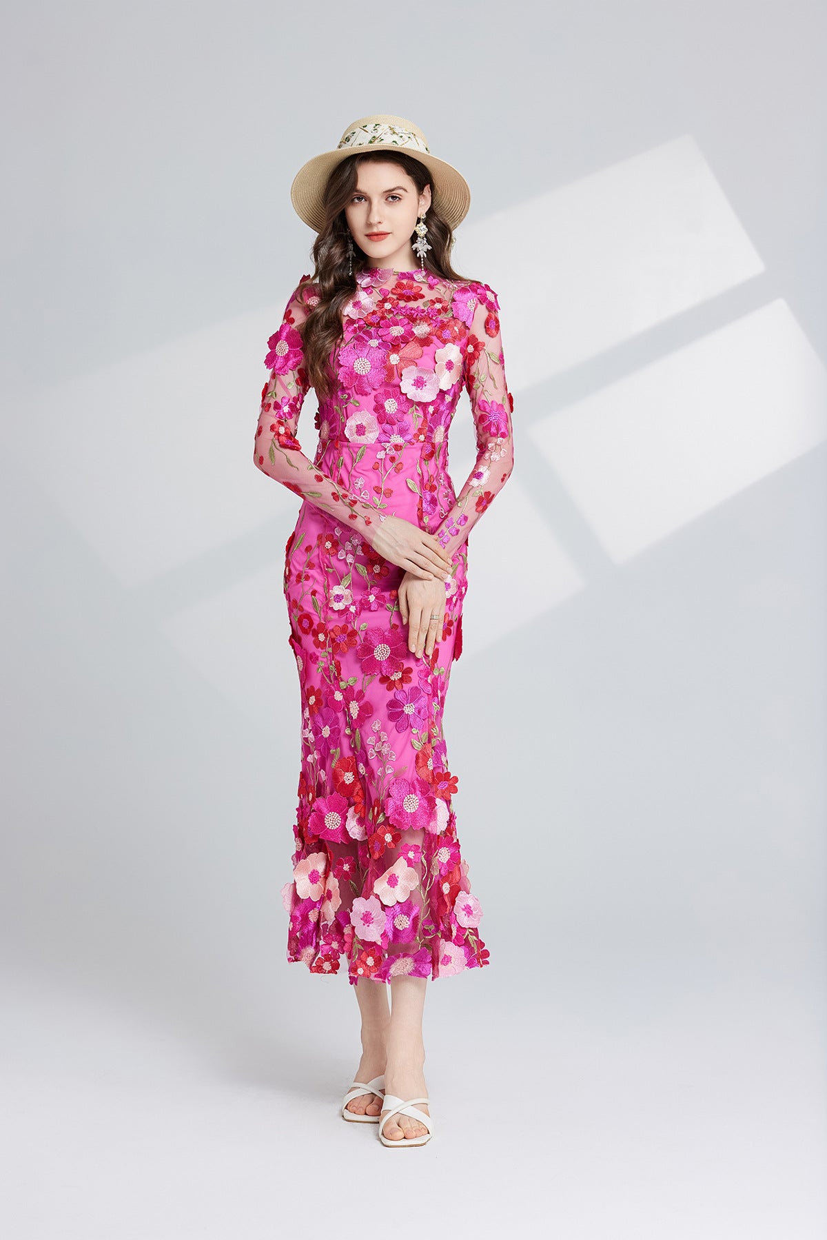 Thalvix Floral Embroidery Mesh Long Sleeve Midi Dress In Rose Red