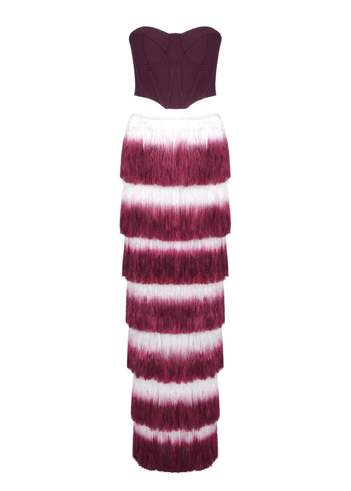 Ravhyx Tube Top Gradient Tassel Two-Piece Set