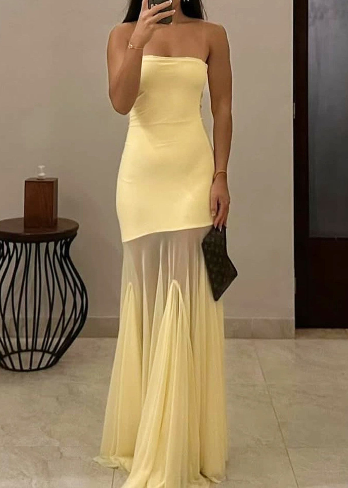 Raziela Strapless Mermaid Mesh Maxi Dress In Yellow