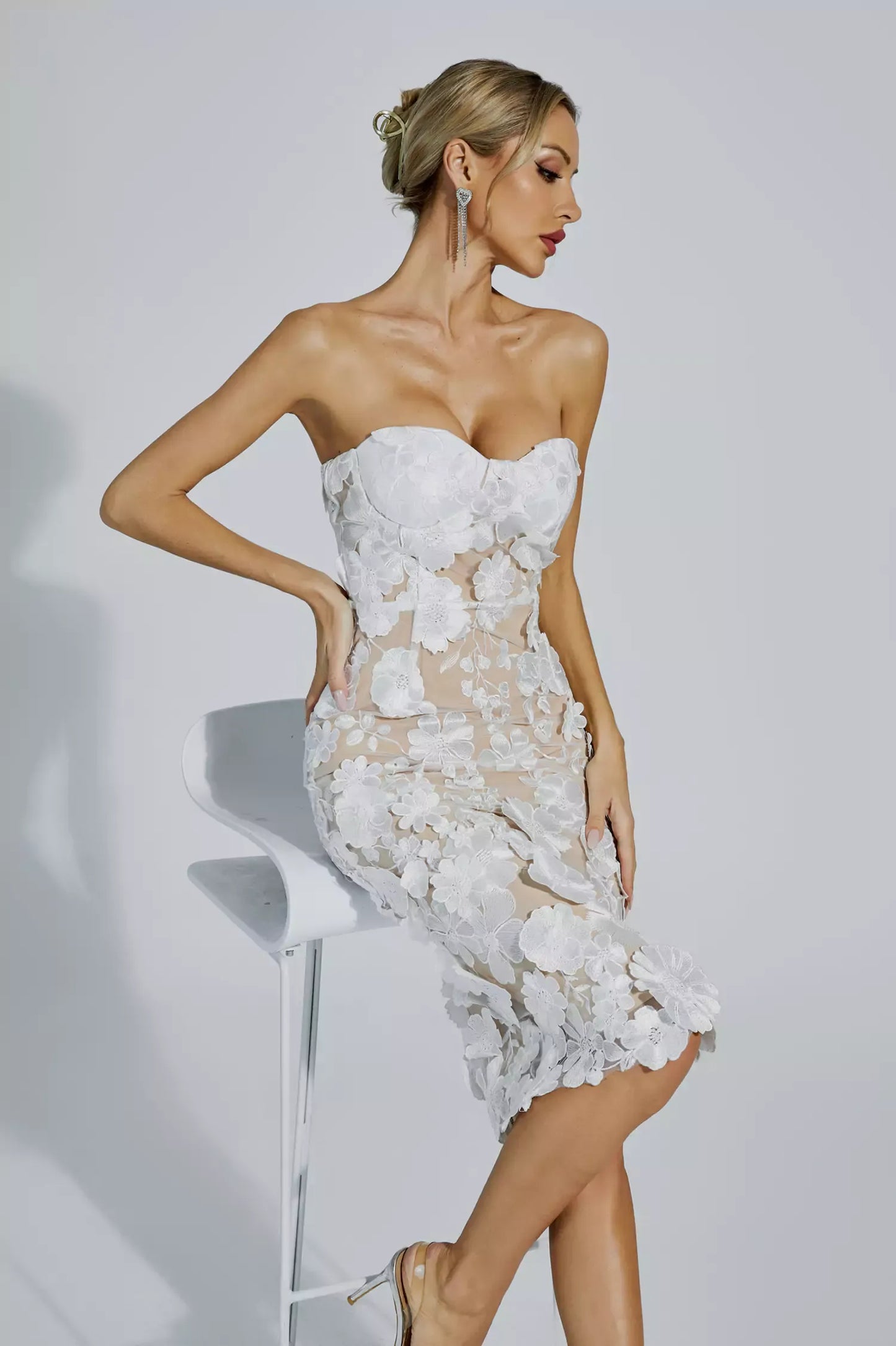 Lotus White Lace Flower Off-shoulder Dress