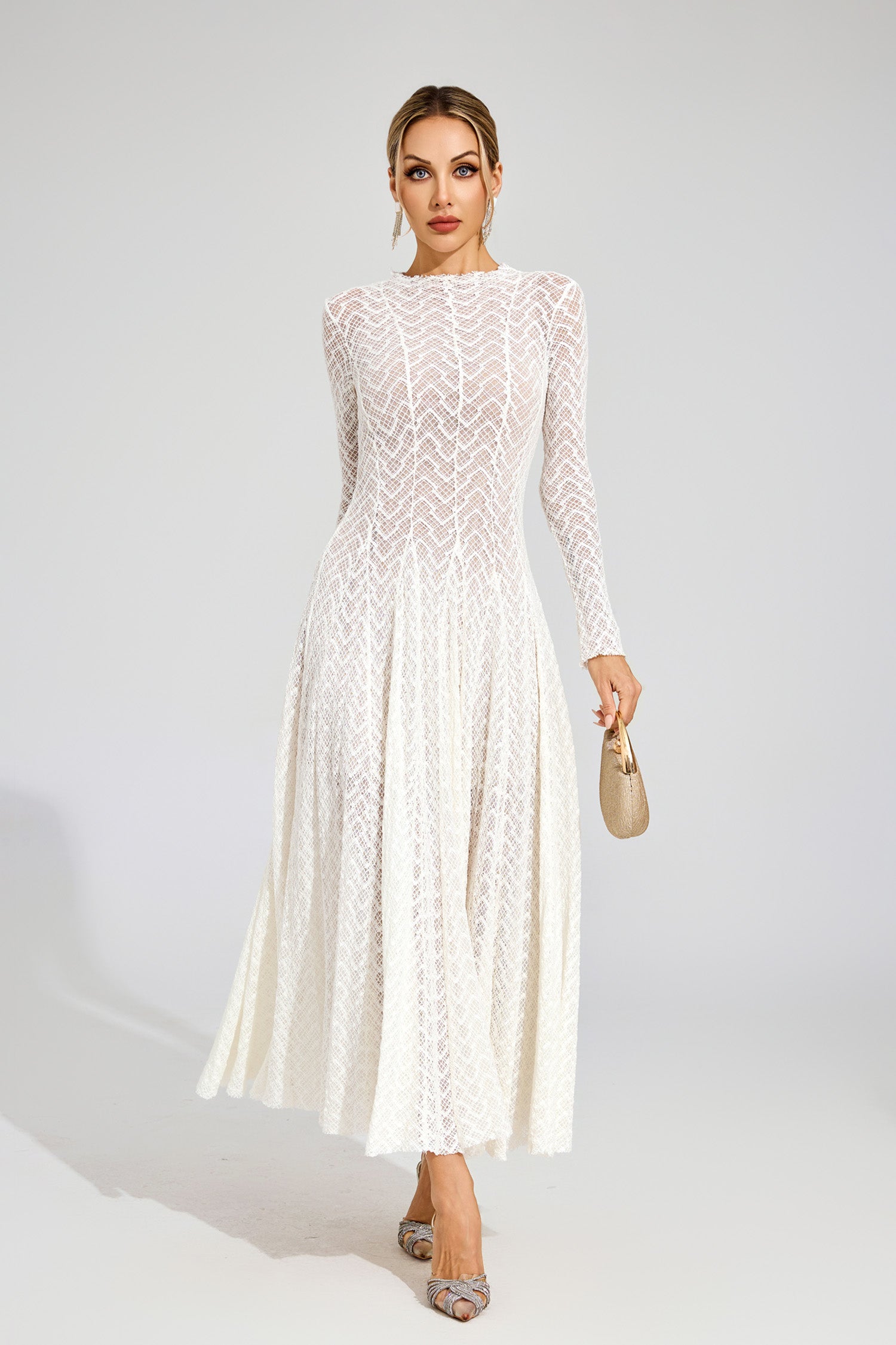 Eryndel Lace Long Sleeve Maxi Dress In White White / M Eryndel Lace Long Sleeve Maxi Dress In White White / M