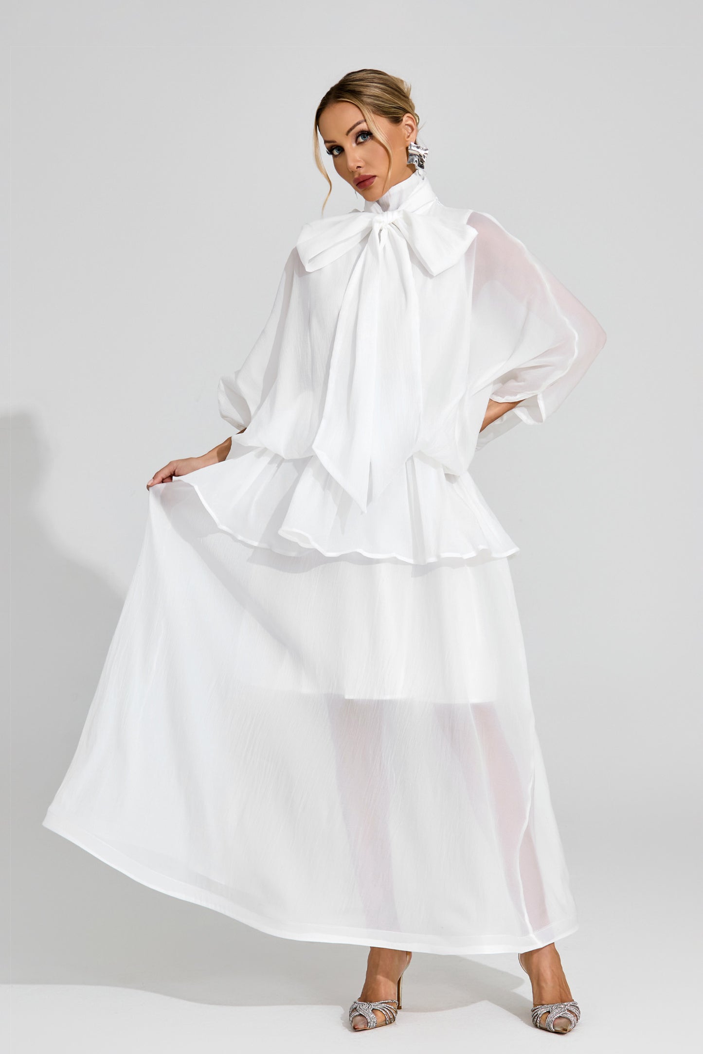 Doren Sheer Bow Maxi Dress In White