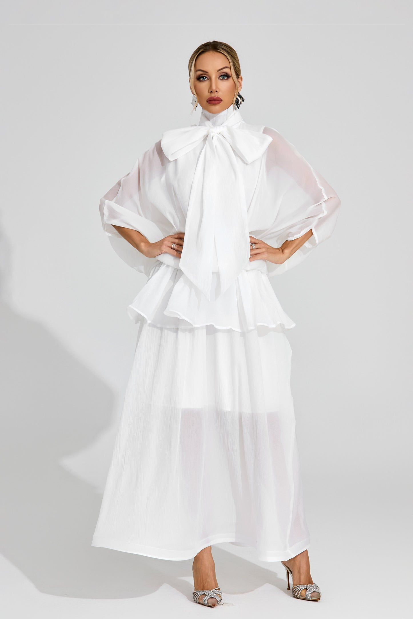 Doren Sheer Bow Maxi Dress In White