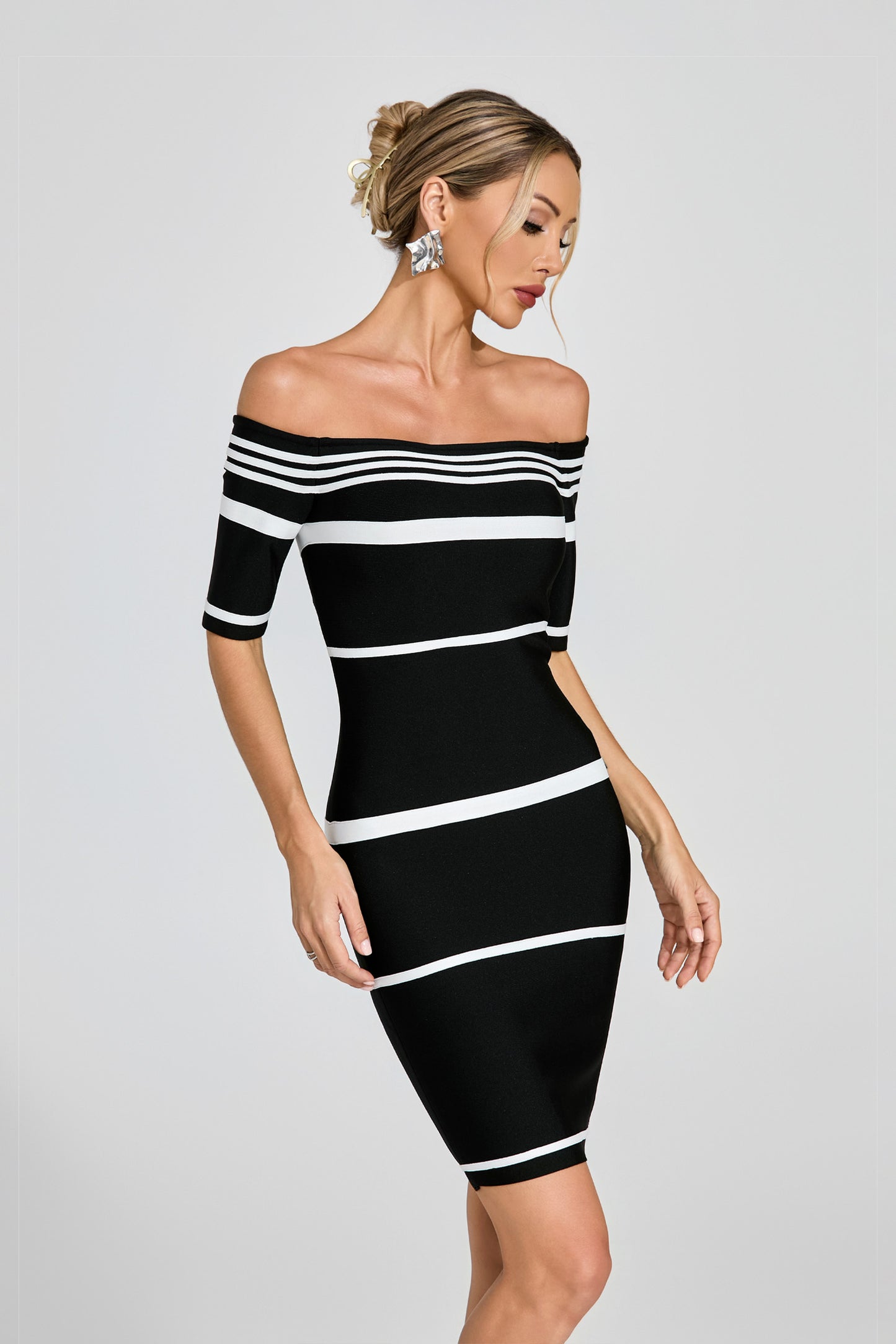 Daldrek Striped Off Shoulder Midi Dress In Black