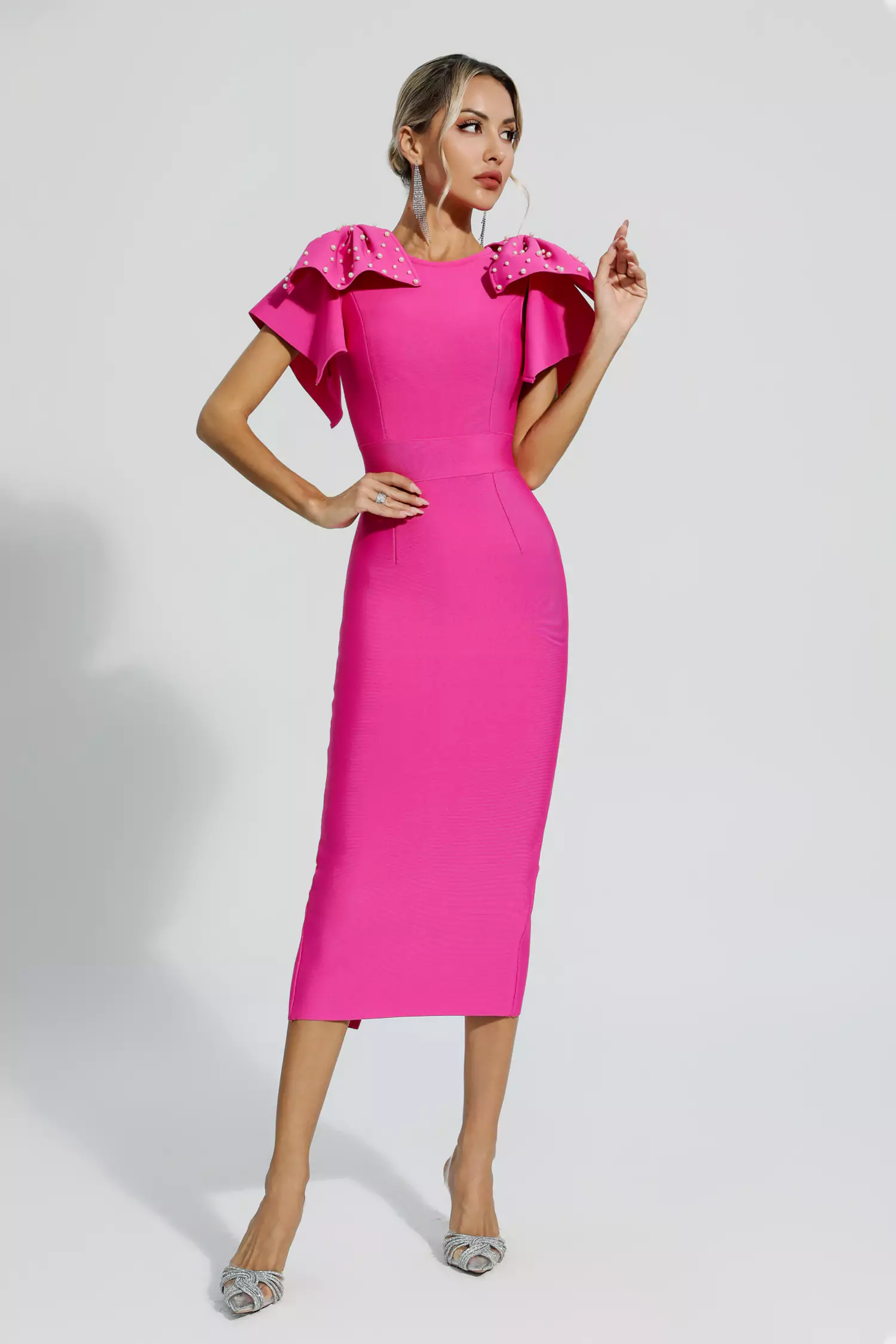 red embellished midi dress Red Rhinestone-embellished Fitted Short-sleeve Midi Dress