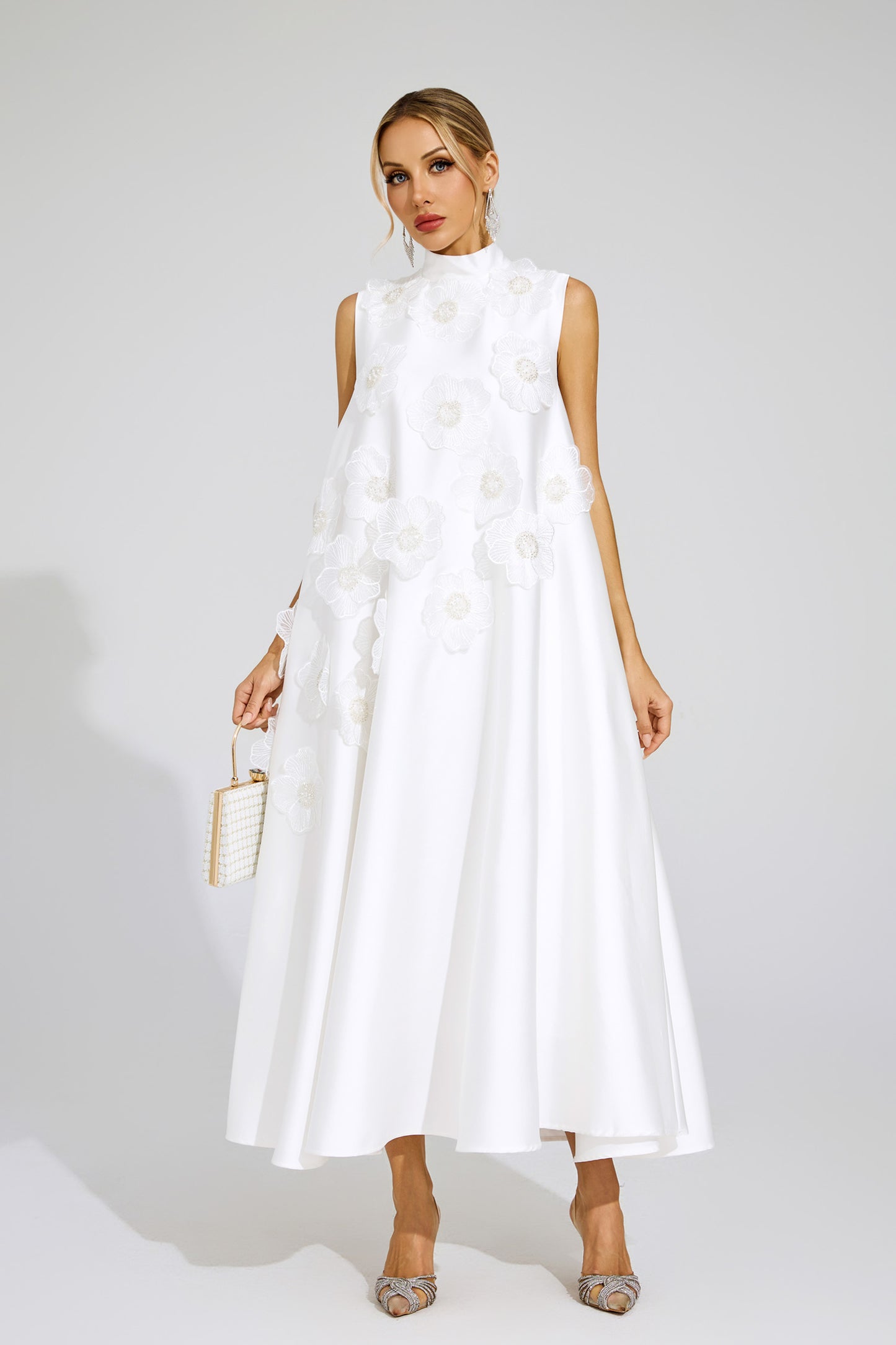 Gianni Flowers Sleeveless Dress In White