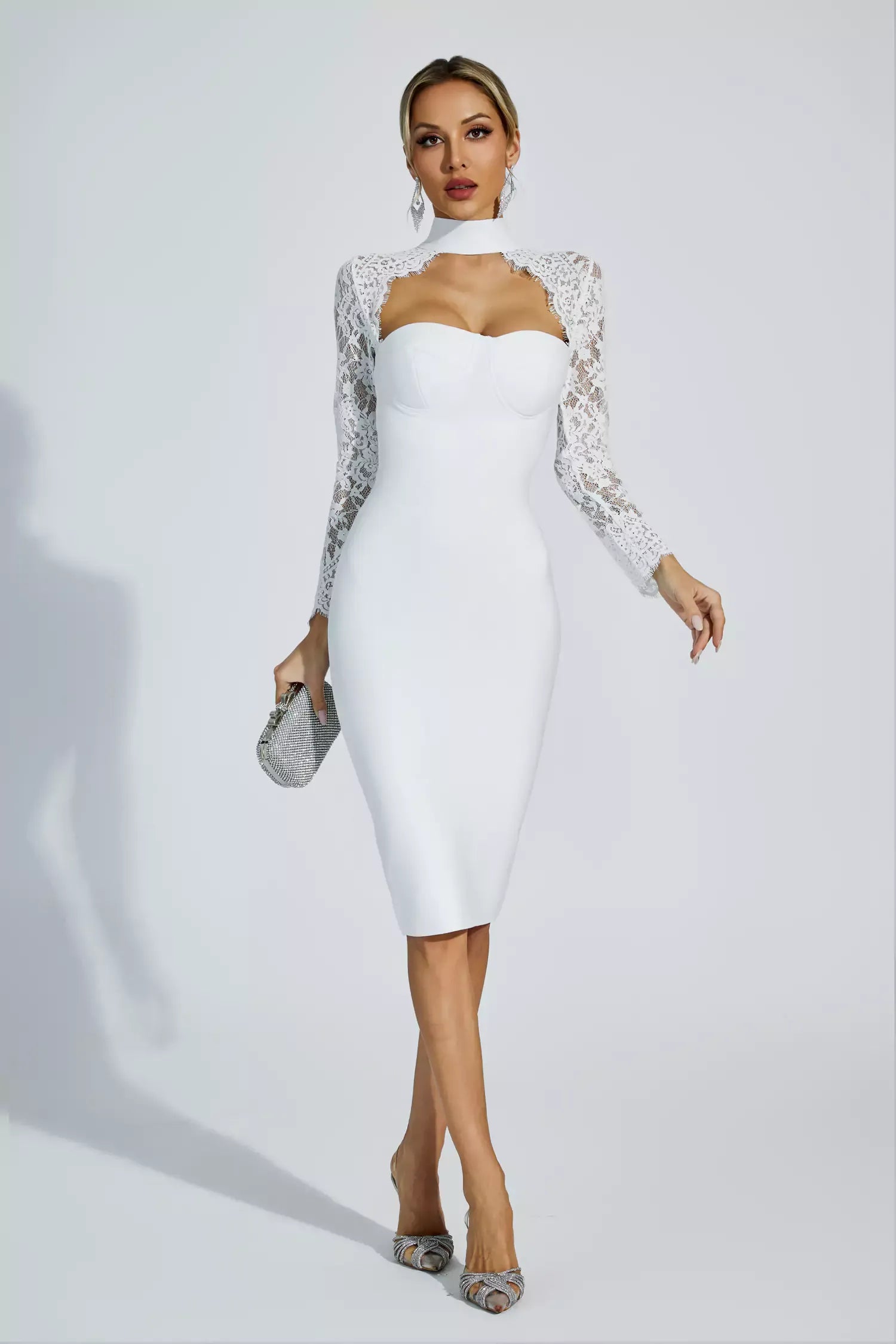Kawko Lace Sleeve Bandage Dress In White S Kawko Lace Sleeve Bandage Dress In White S