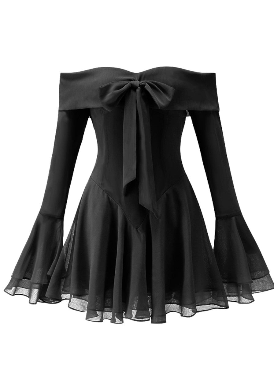 Jancis Long Sleeve Bardot A Line Dress In Black