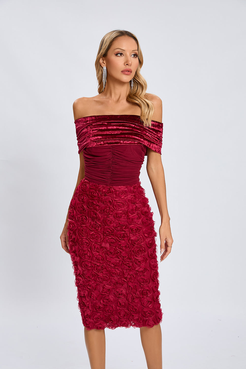 Beroe Off-shoulder Floral Embellished Midi Dress