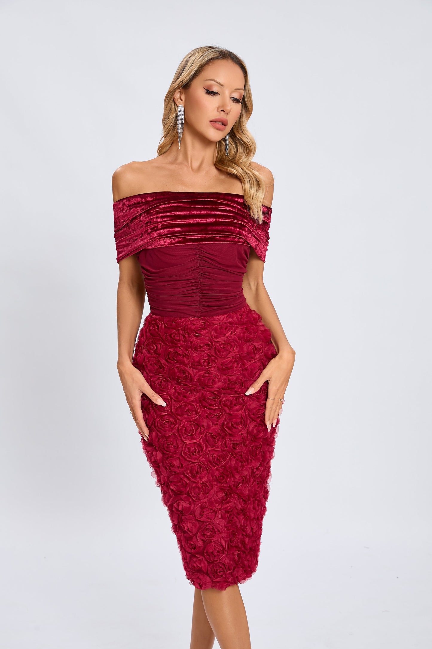 Beroe Off-shoulder Floral Embellished Midi Dress