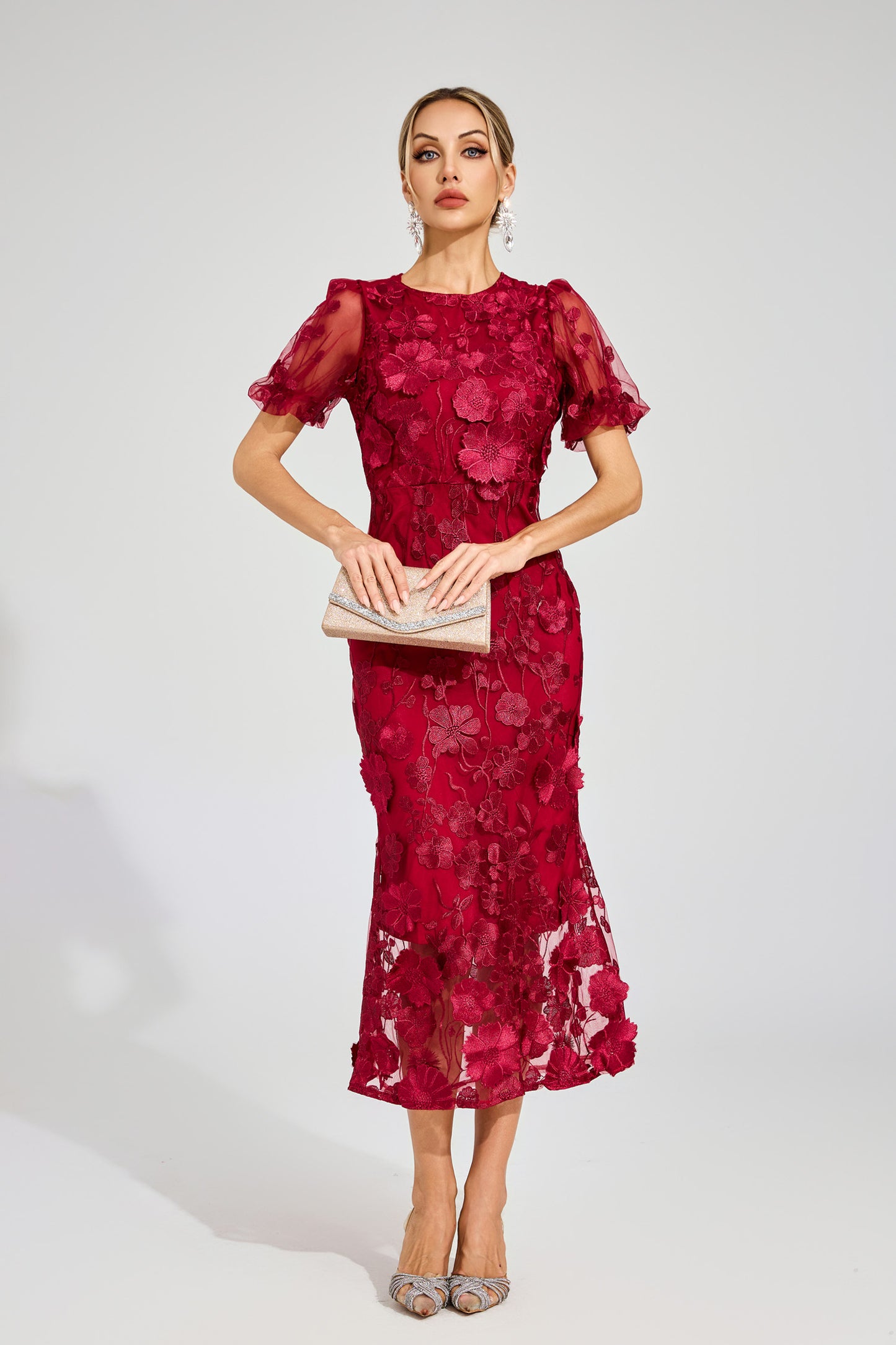 Elvandis Flower Mesh Maxi Dress In Red