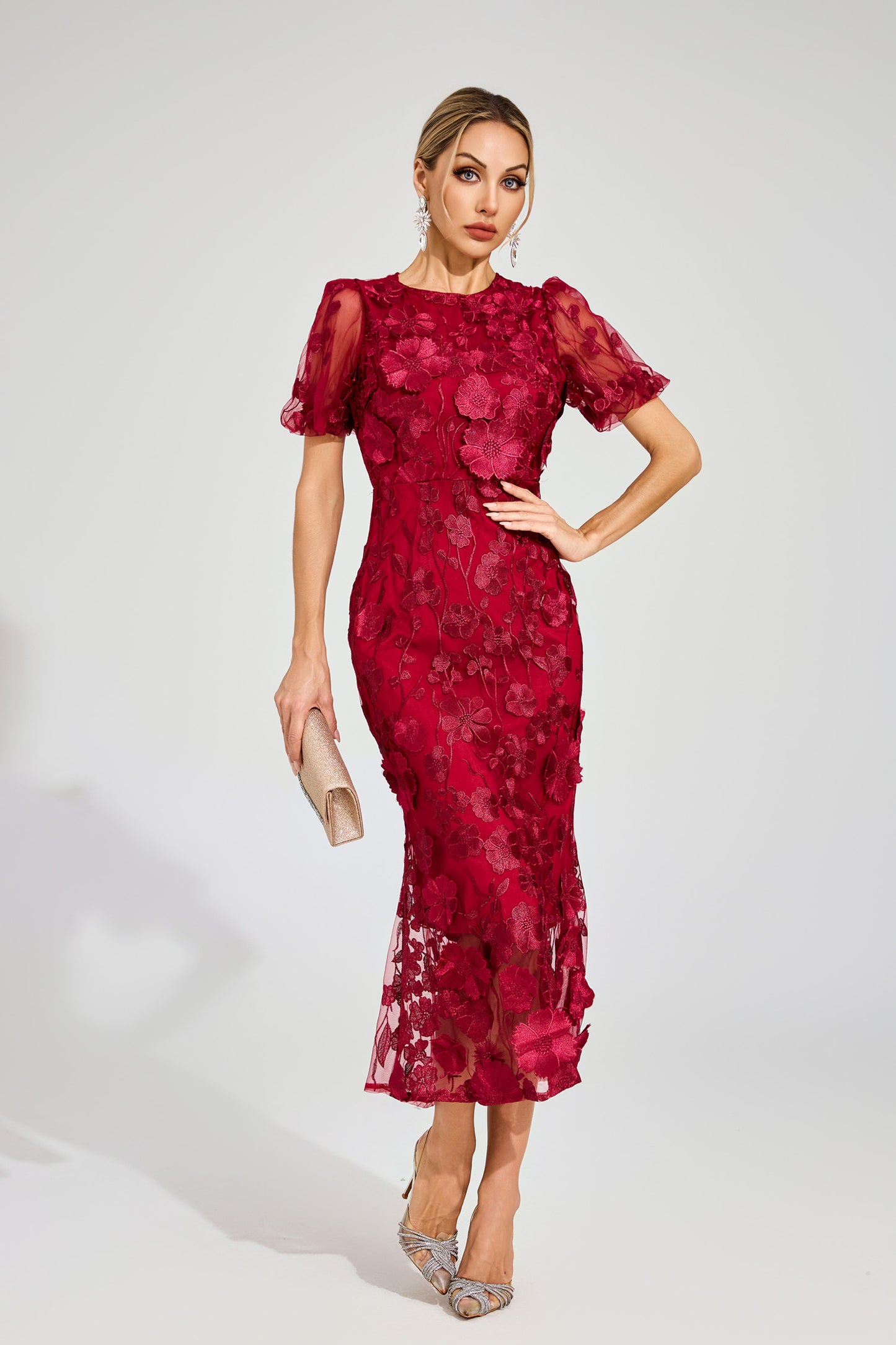 Elvandis Flower Mesh Maxi Dress In Red