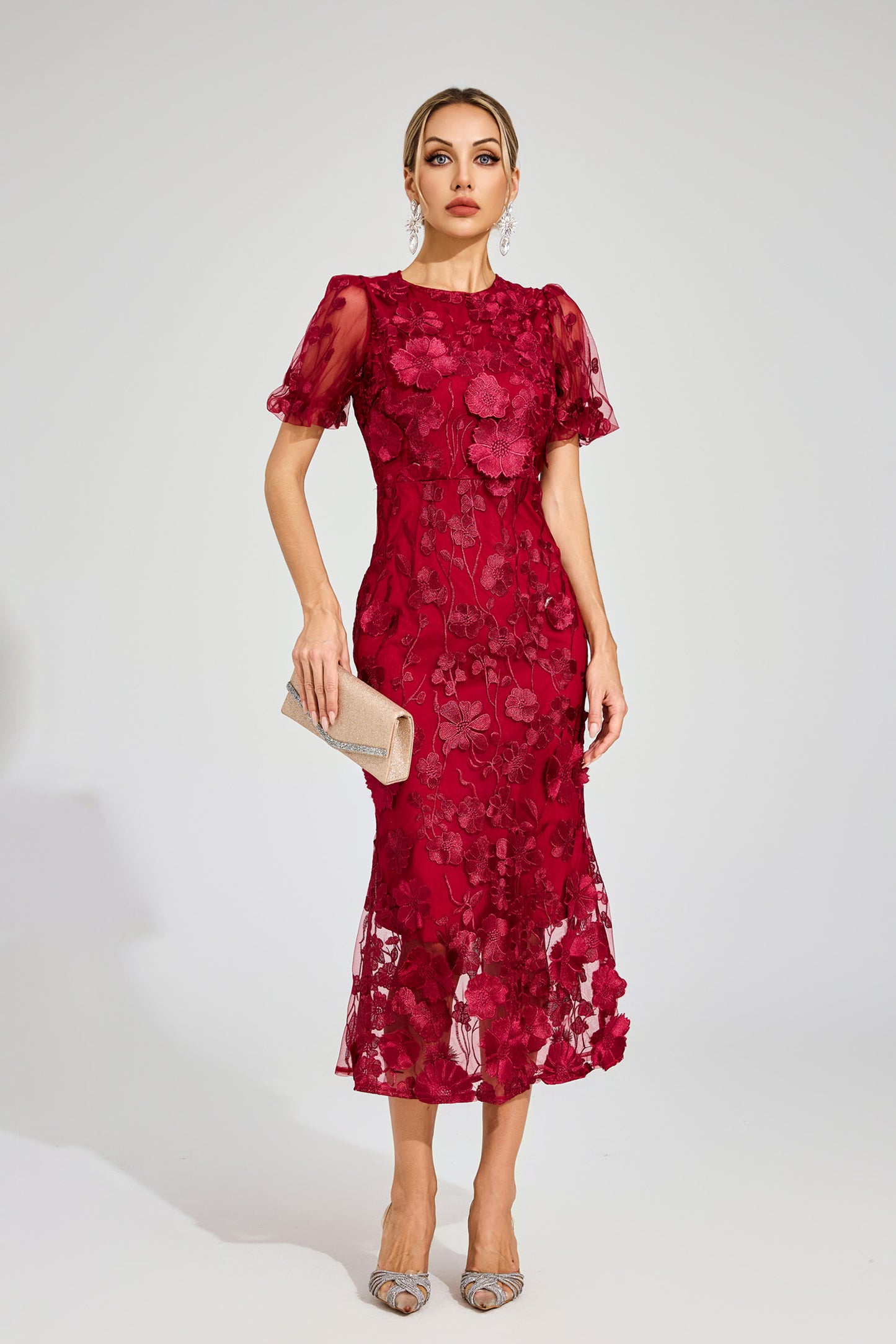 Elvandis Flower Mesh Maxi Dress In Red