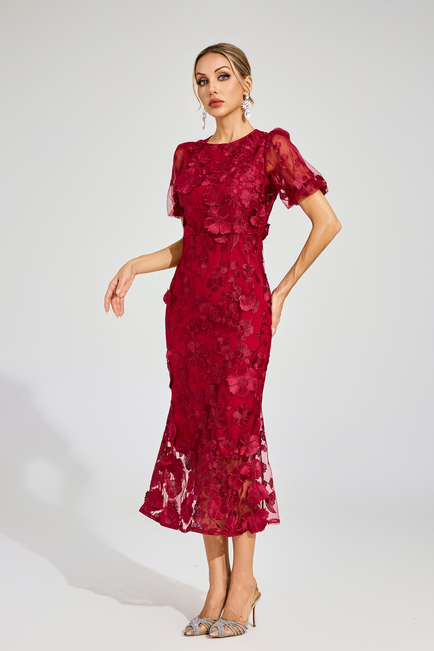 Elvandis Flower Mesh Maxi Dress In Red