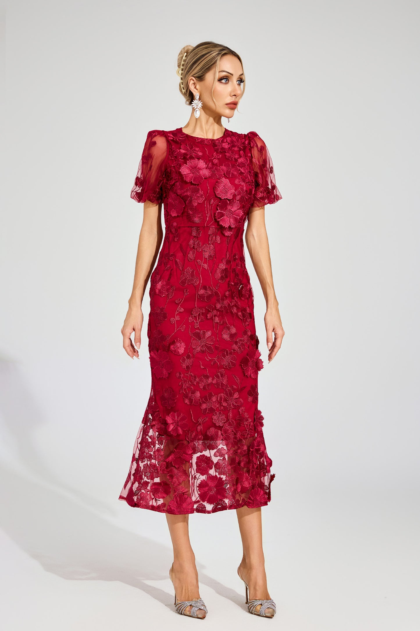 Elvandis Flower Mesh Maxi Dress In Red