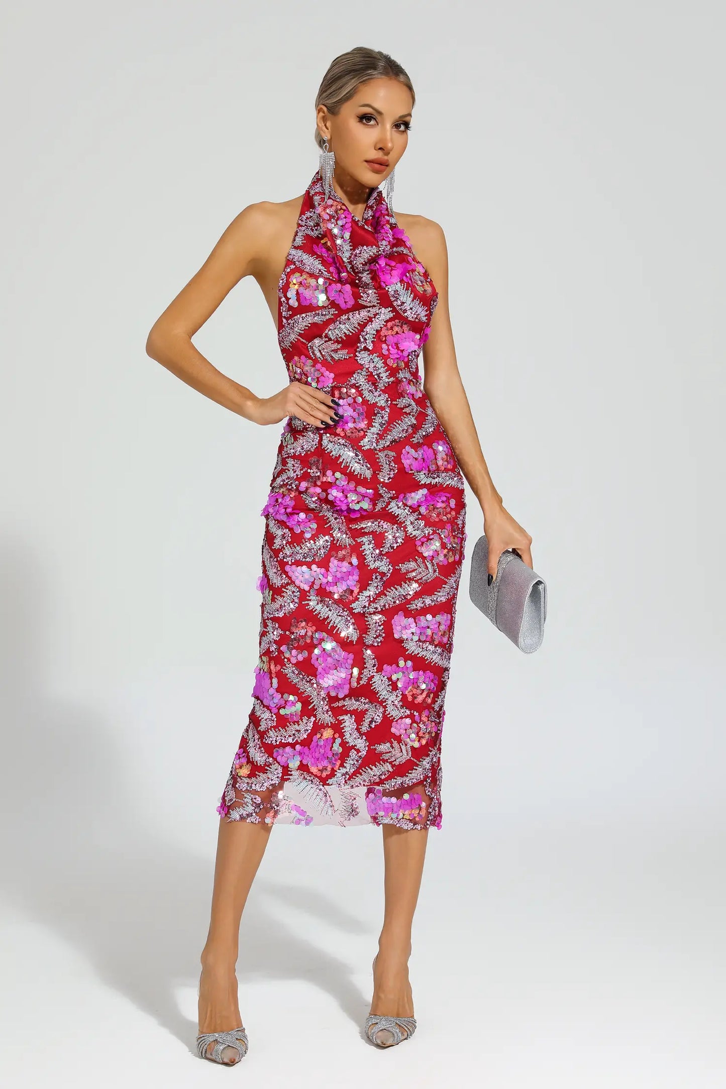Aocoa Rose Red Sequins Halter Dress