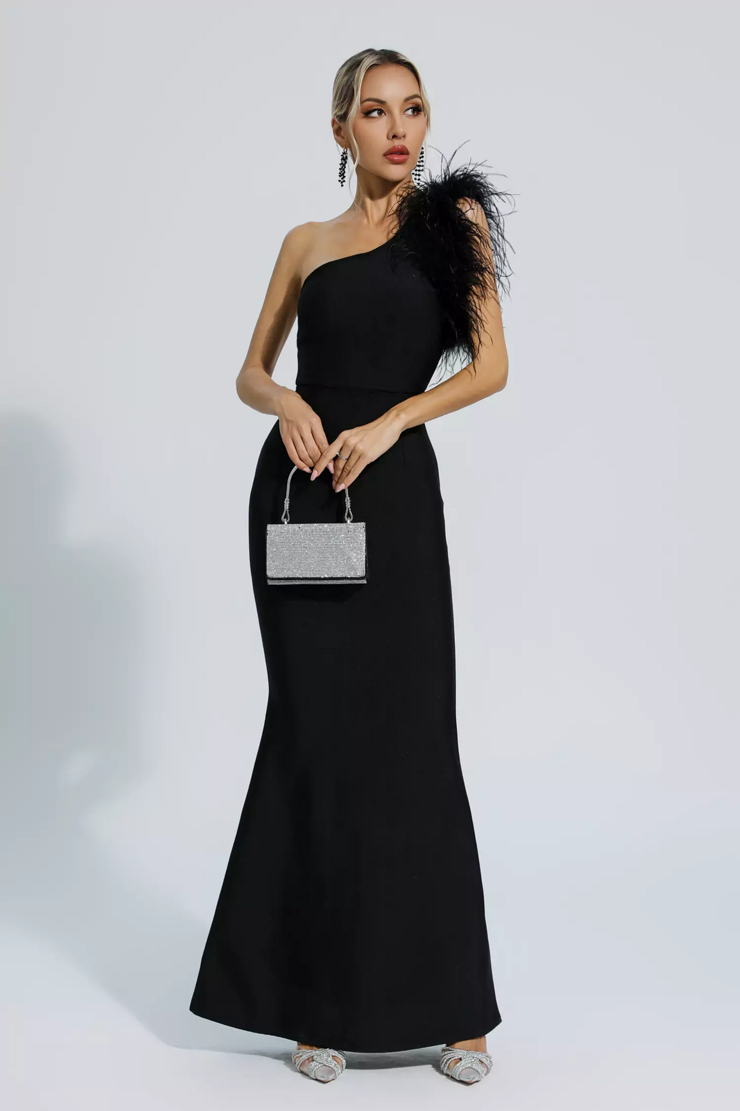 Geena One Shoulder Feather Bandage Dress In Black