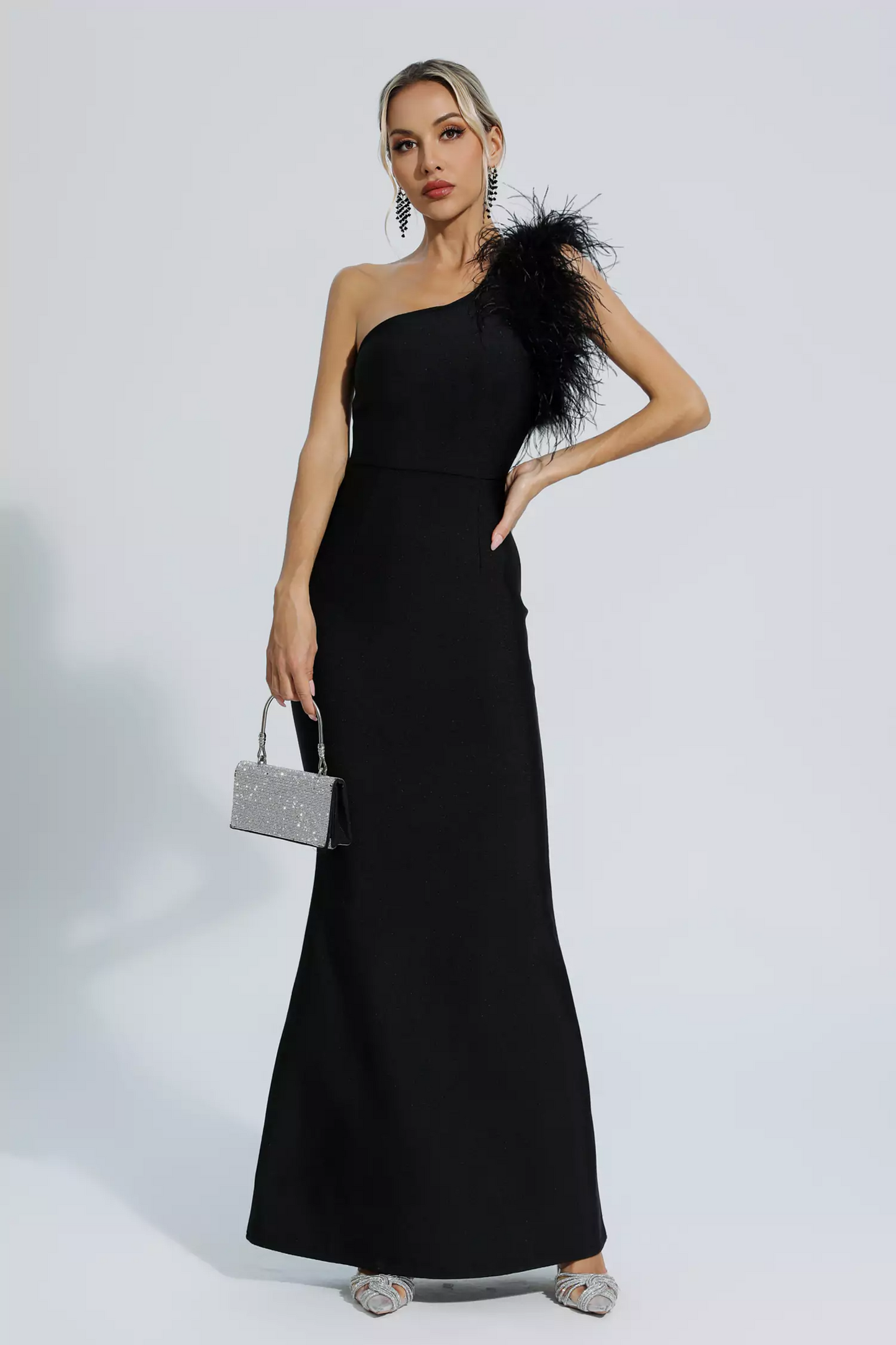 Geena One Shoulder Feather Bandage Dress In Black