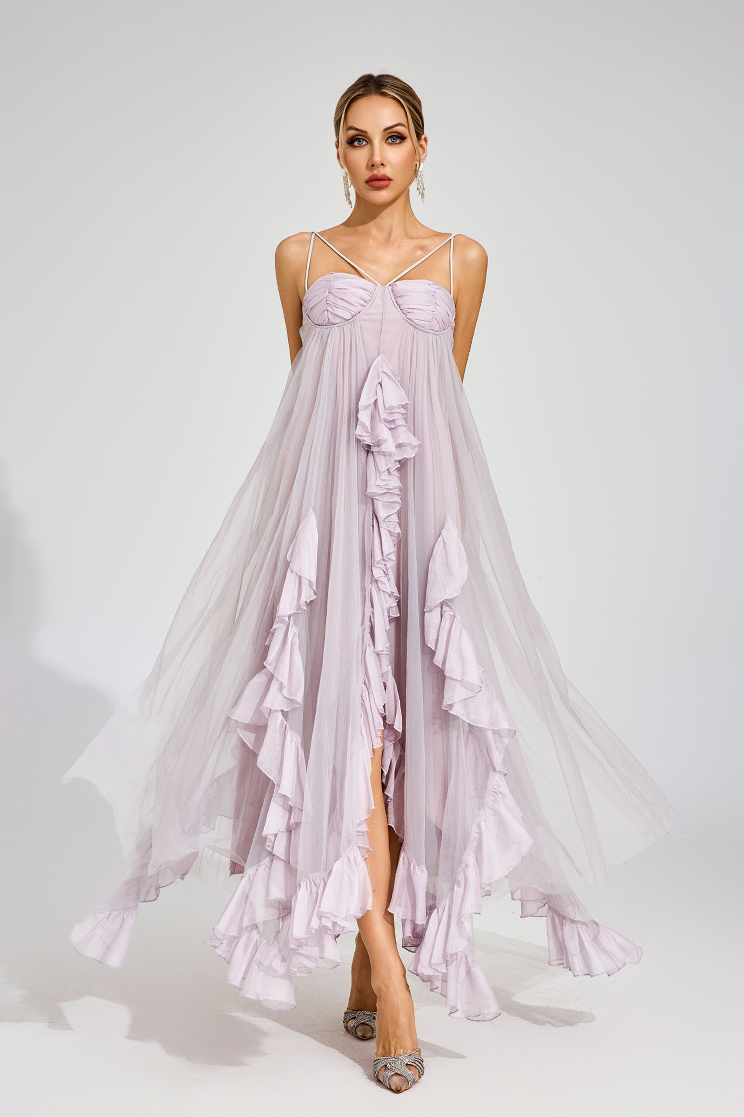 purple mesh maxi dress Sleeveless Cowl-Neck Mesh Maxi Dress