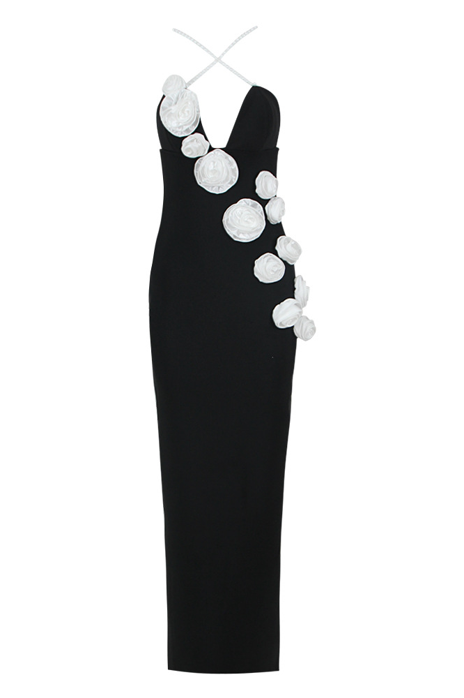Donna Pearl Slip Floral Bandage Dress In Black
