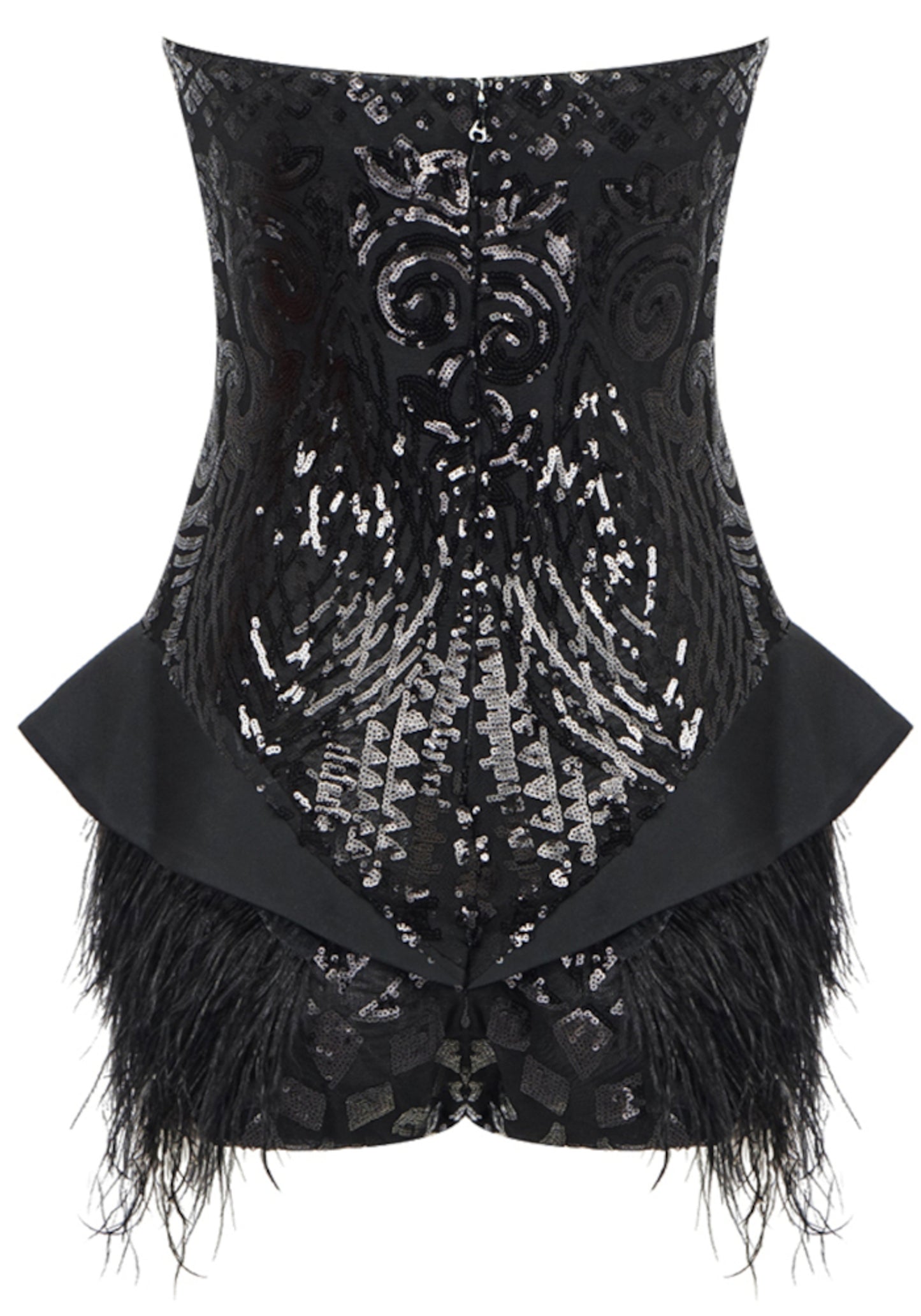 Colter Strapless Sequin Feather Bodysuit In Black