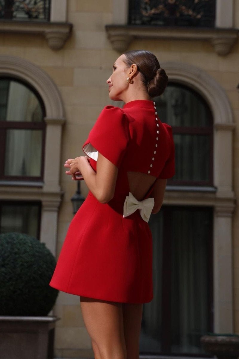Esaac Back Cutout Bowknot Red Mini Dress