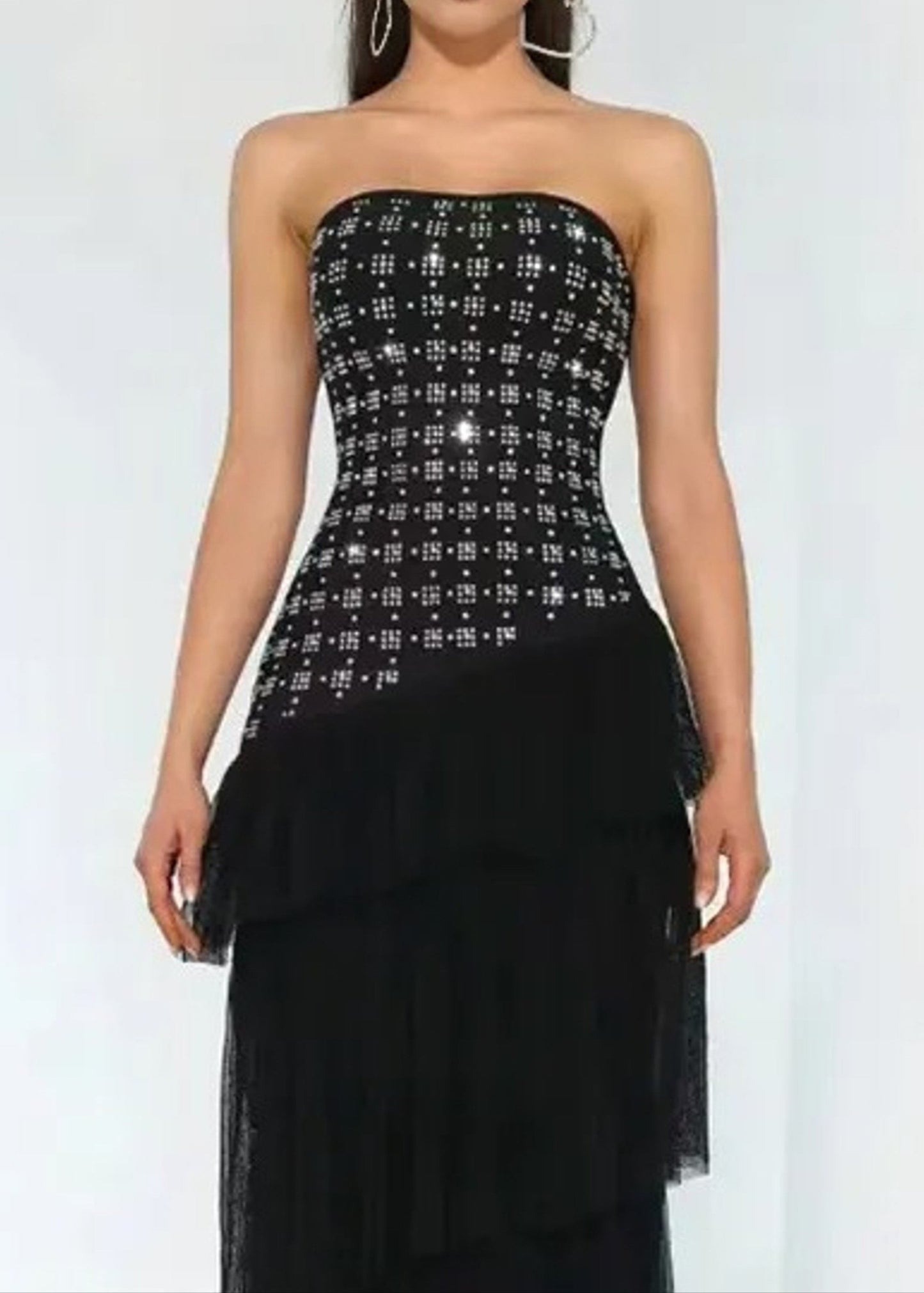 Syvanna Strapless Crystal Ruffle Maxi Dress In Black