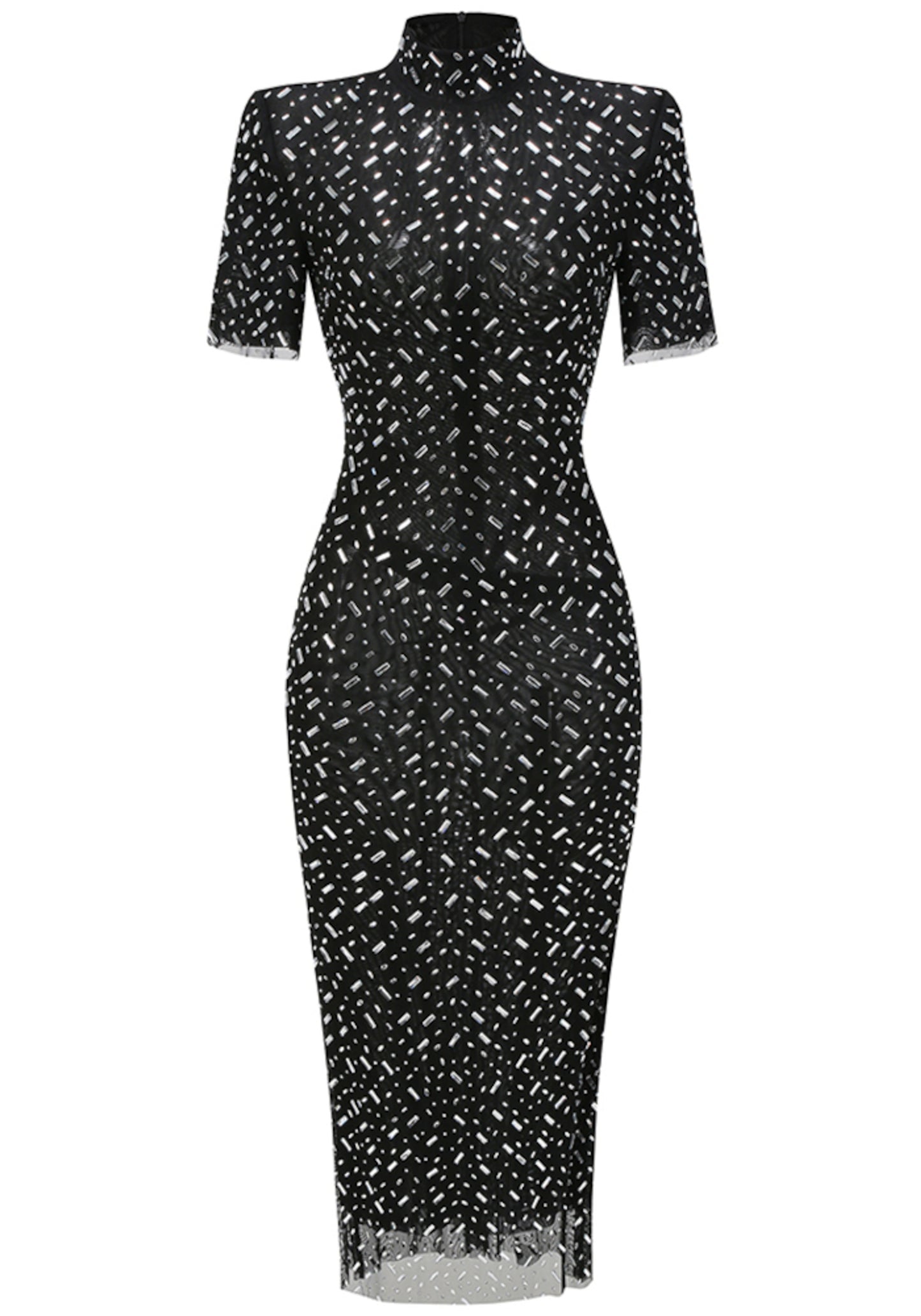 Maelthas Short Sleeve Crystal Mesh Maxi Dress In Black