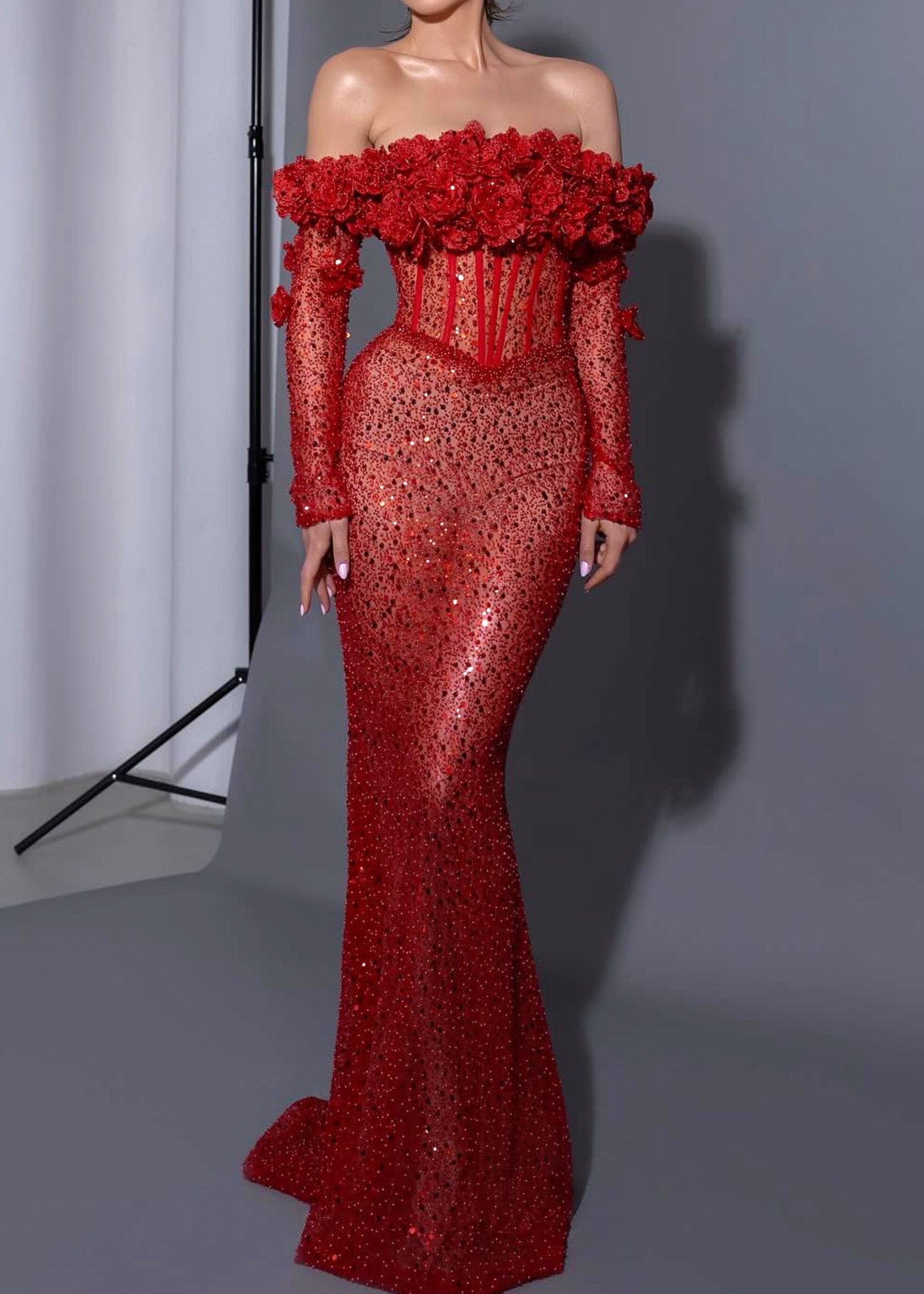 Panya Long Sleeve Floral Sequin Maxi Dress In Red Night Novas Panya Long Sleeve Floral Sequin Maxi Dress In Red Night Novas