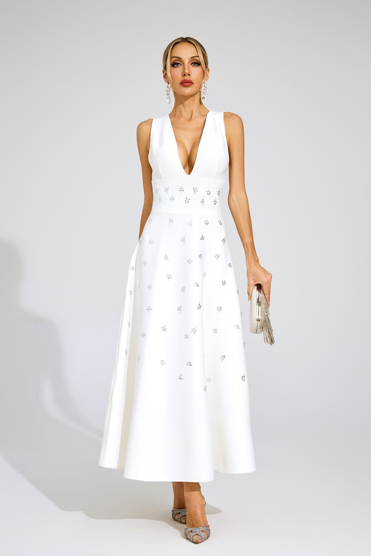 Dakari Crystal Embellished A Line Midi Dress In White