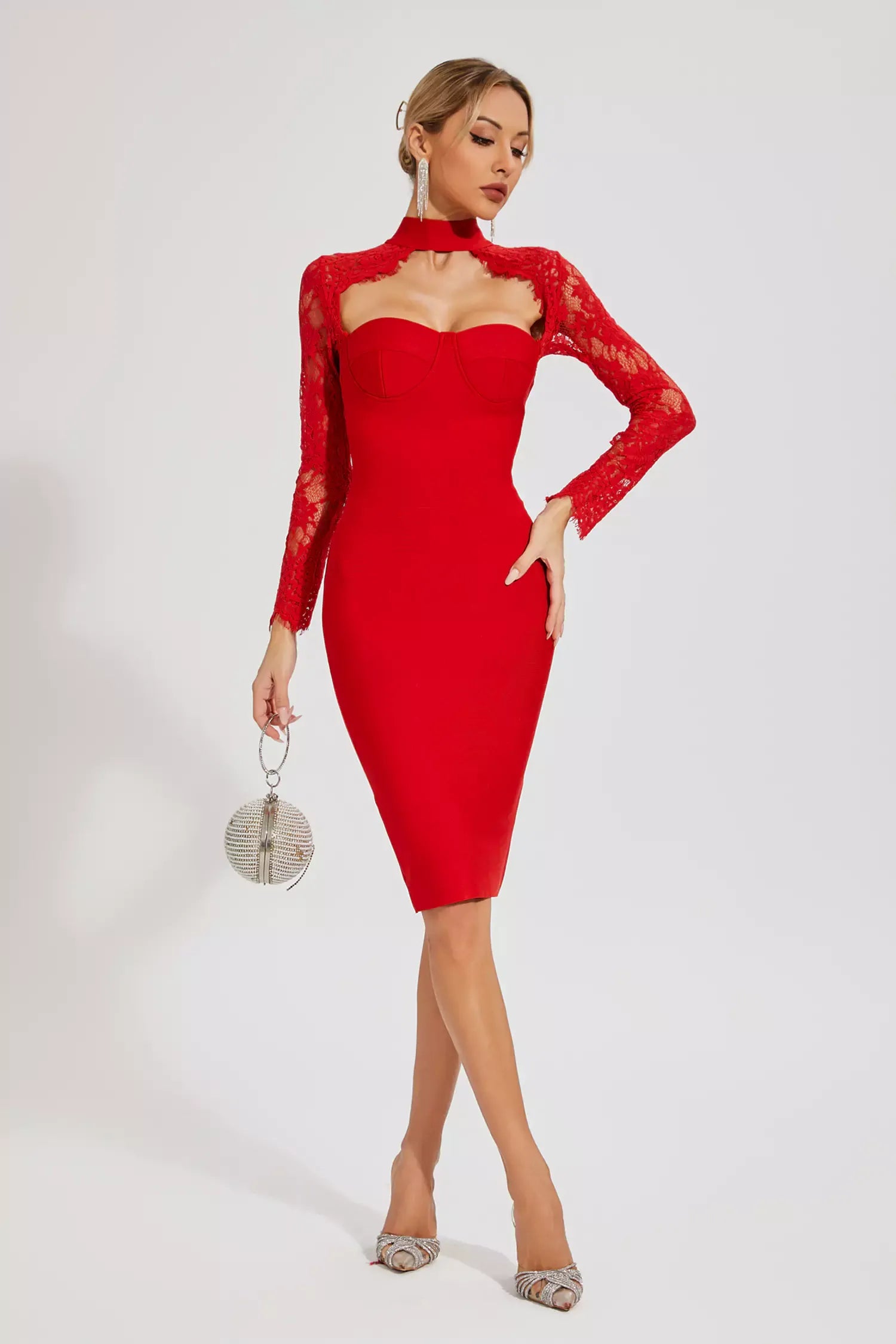 long sleeve red bandage dress Liv Red Lace Sleeve Bandage Dress / XS