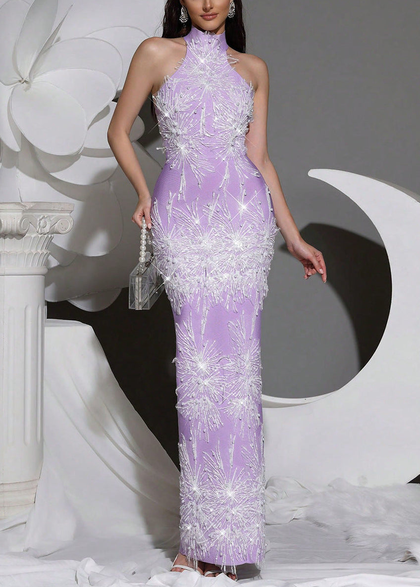 Alsatia Halter Pearl Sequin Embellished Maxi Dress In Lavender M