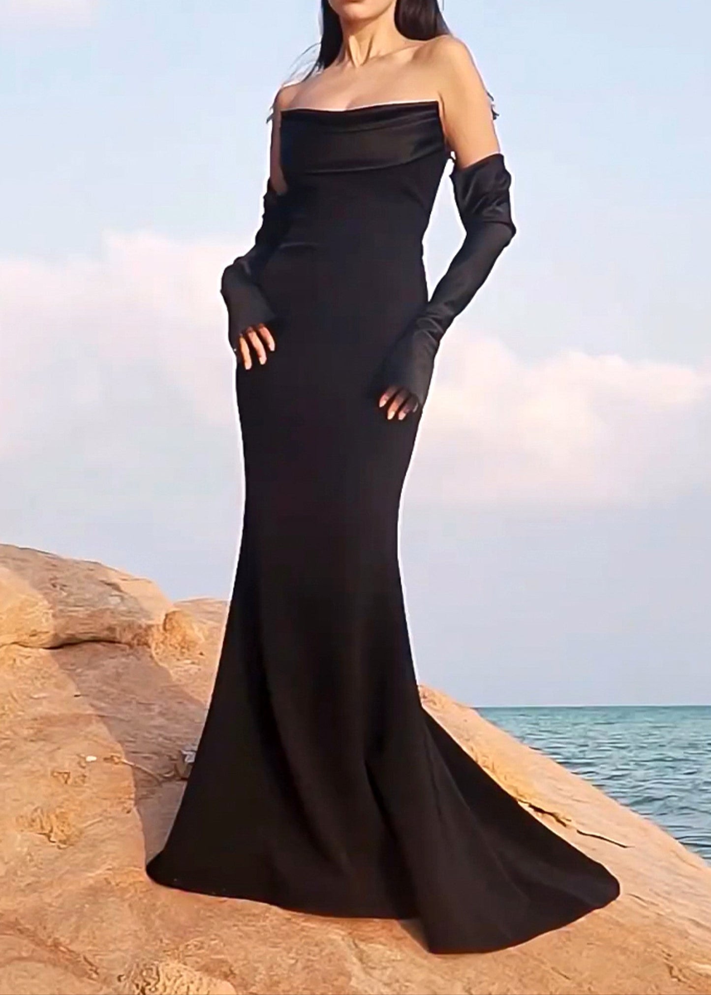 Radka Long Sleeve Strapless Draped Maxi Dress In Black