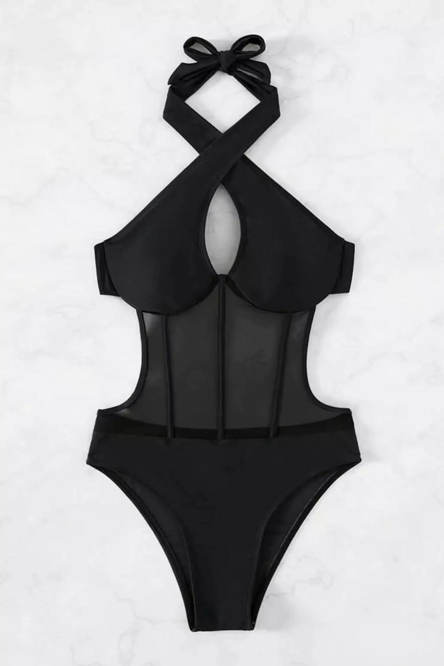 Aruba Halter Mesh One Piece Swimwear In Black