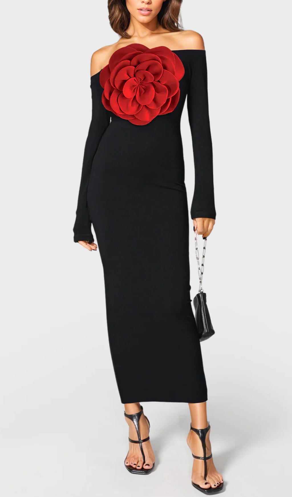 black off the shoulder dress with red flowers Janna Twist Maxi Dress-Black/Red S