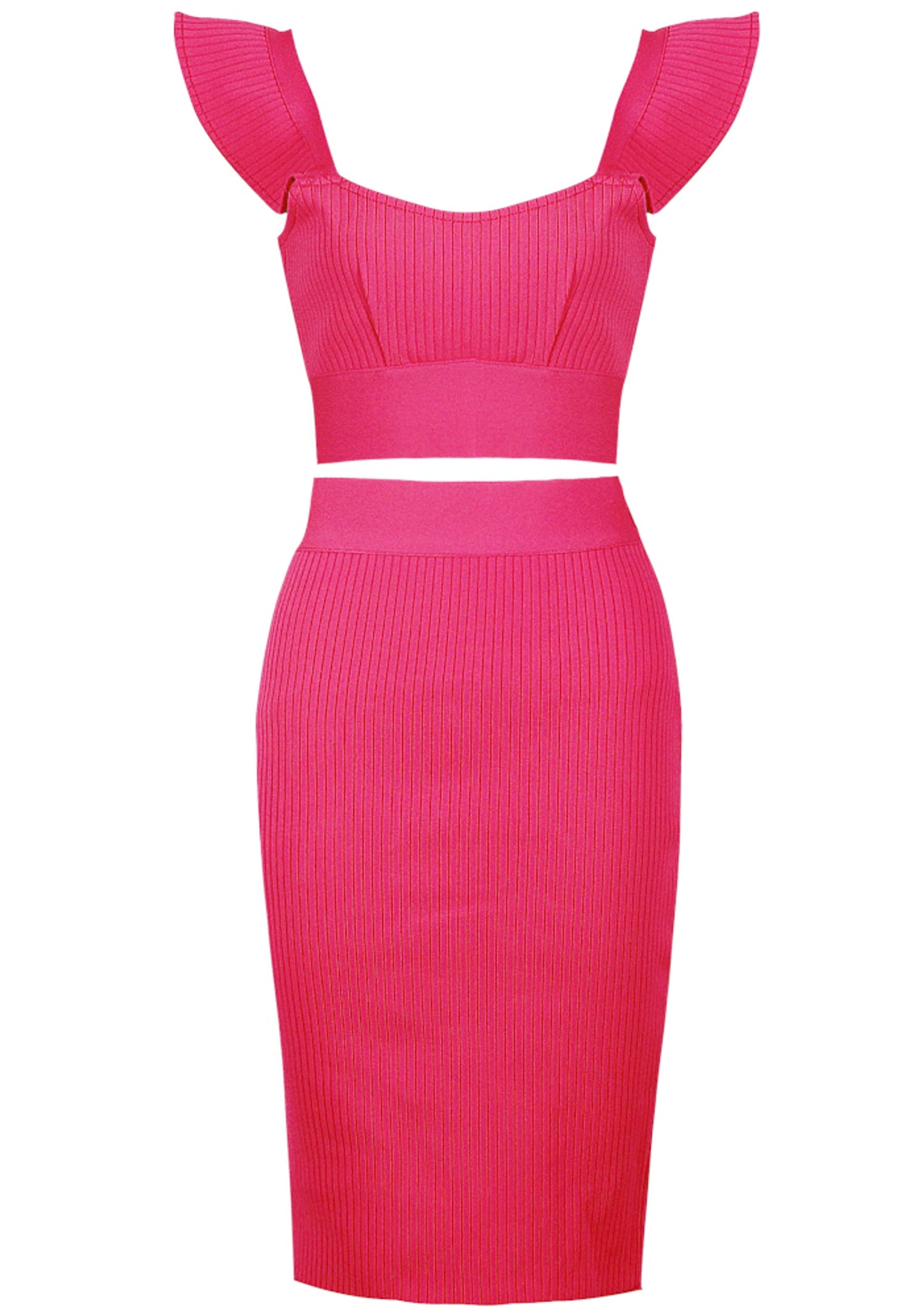 Rawan Ruffle Detail Ribbed Two Piece Midi Dress In Hot Pink