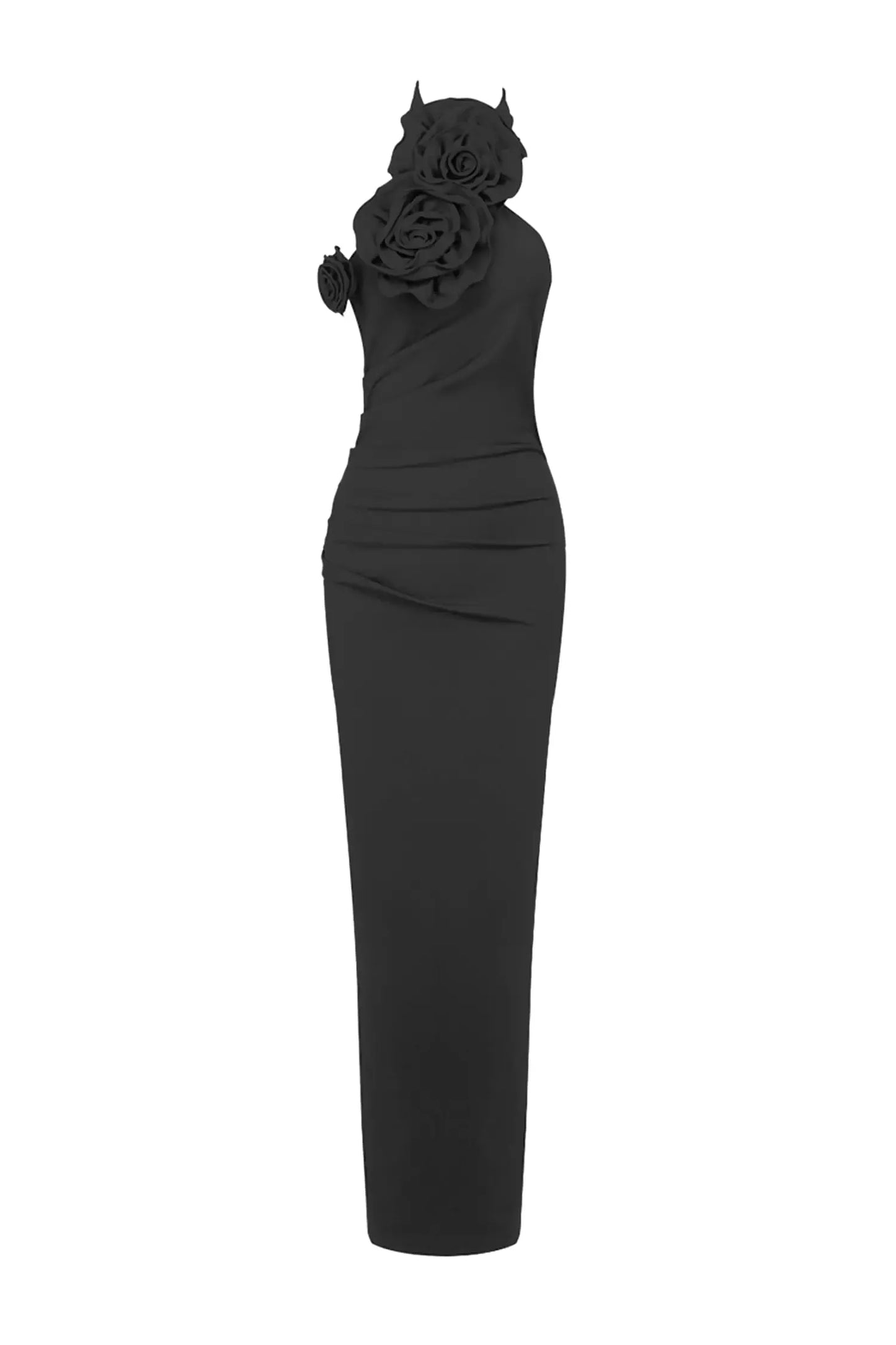 Dalary Black Floral Ruched Halter Maxi Dress