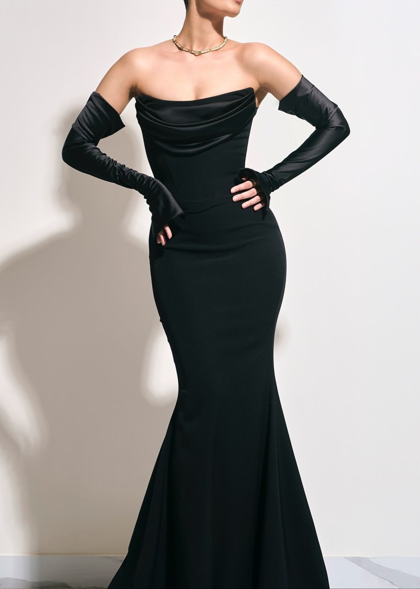 Radka Long Sleeve Strapless Draped Maxi Dress In Black