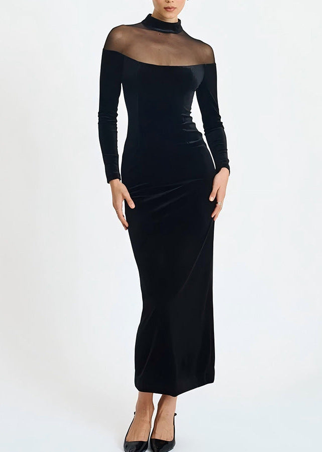 black velvet dress with mesh sleeves Paislee Black Velvet Mesh Long Sleeve Gown (Archive Sale)