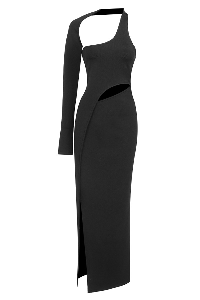 Lulu One-Sleeve Stretch Maxi Dress In Black
