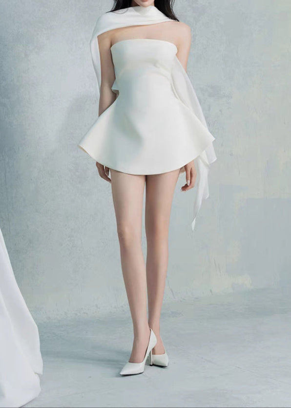Jyxaris Scarf Strapless Flare Mini Dress In White
