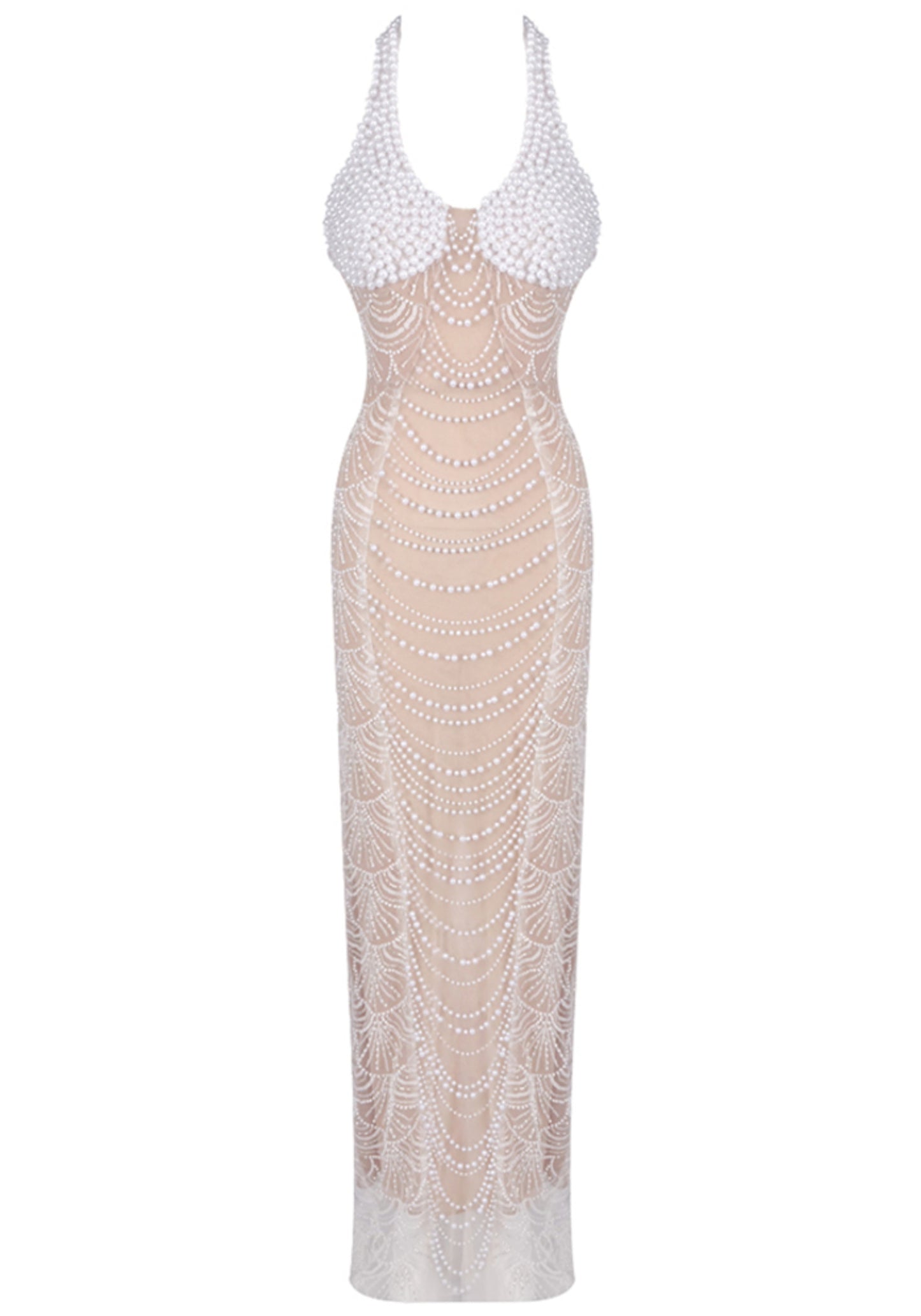 Cyvra Halter Pearl Maxi Dress In Nude