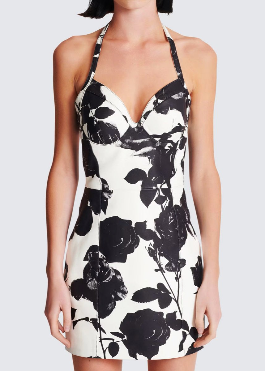 Siesen Two-Tone Floral-Print Leather Mini Dress