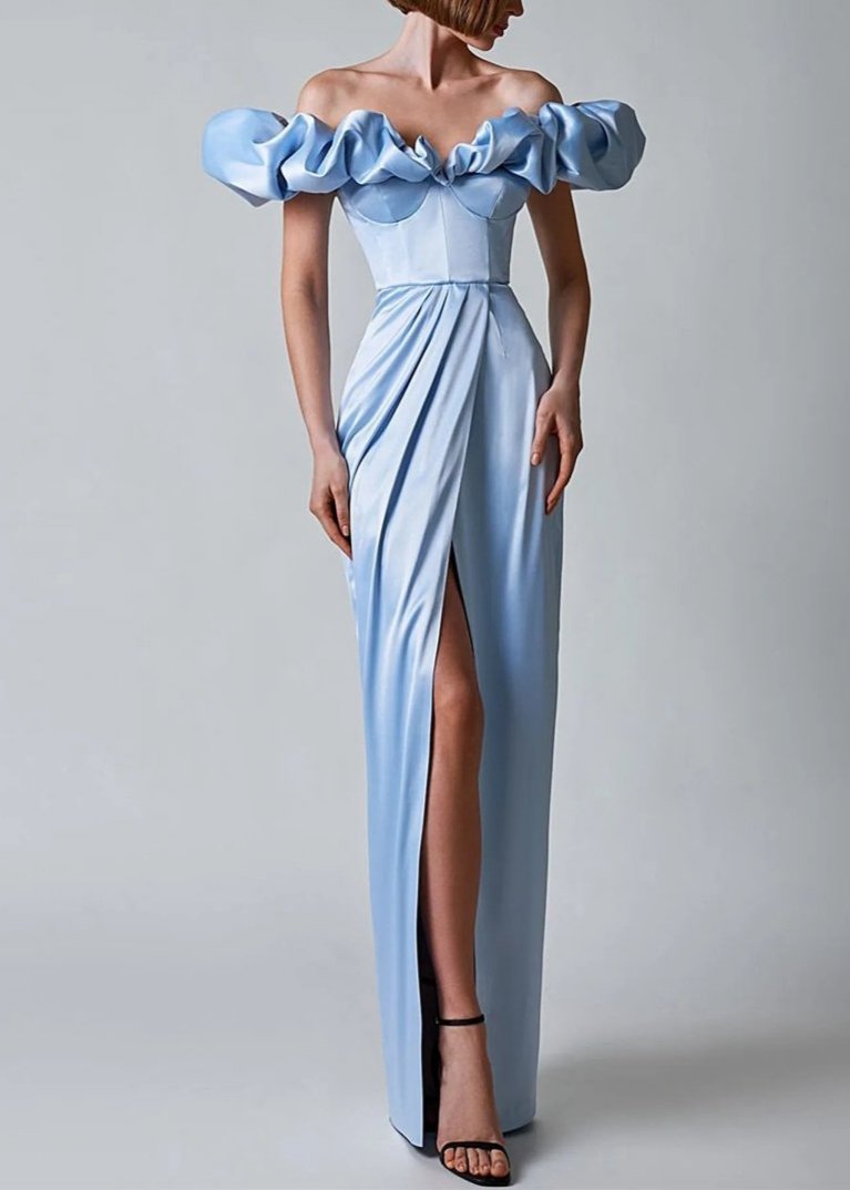Corliss Crystal Off-Shoulder Maxi Split Dress In Blue Night Novas Corliss Crystal Off-Shoulder Maxi Split Dress In Blue Night Novas