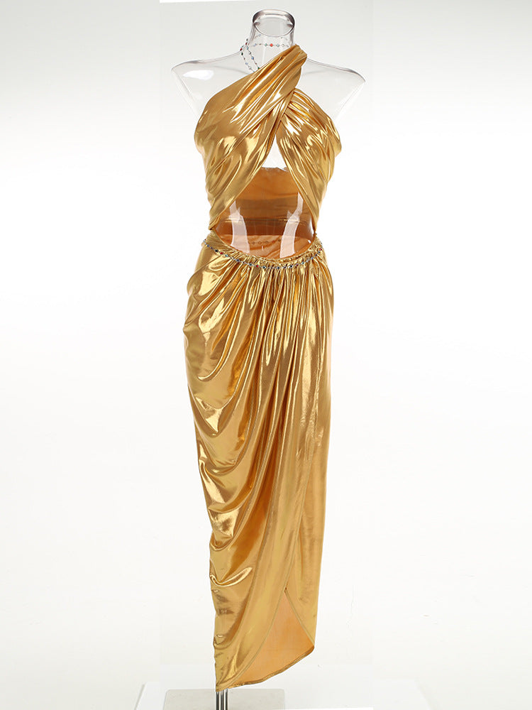Kiah Ruched Leather Midi Dress In Yellow