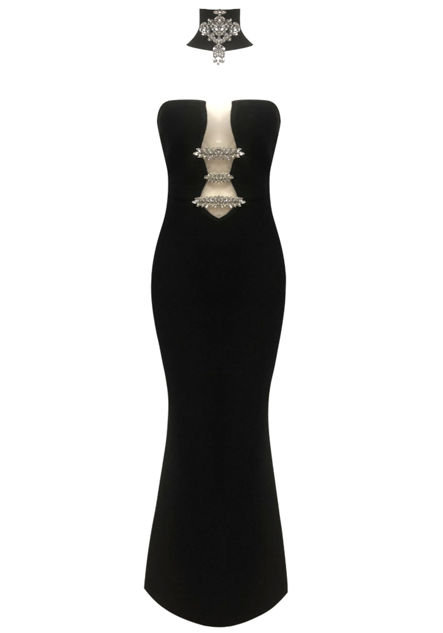 Aistys Strapless Crystal Choker Maxi Dress In Black