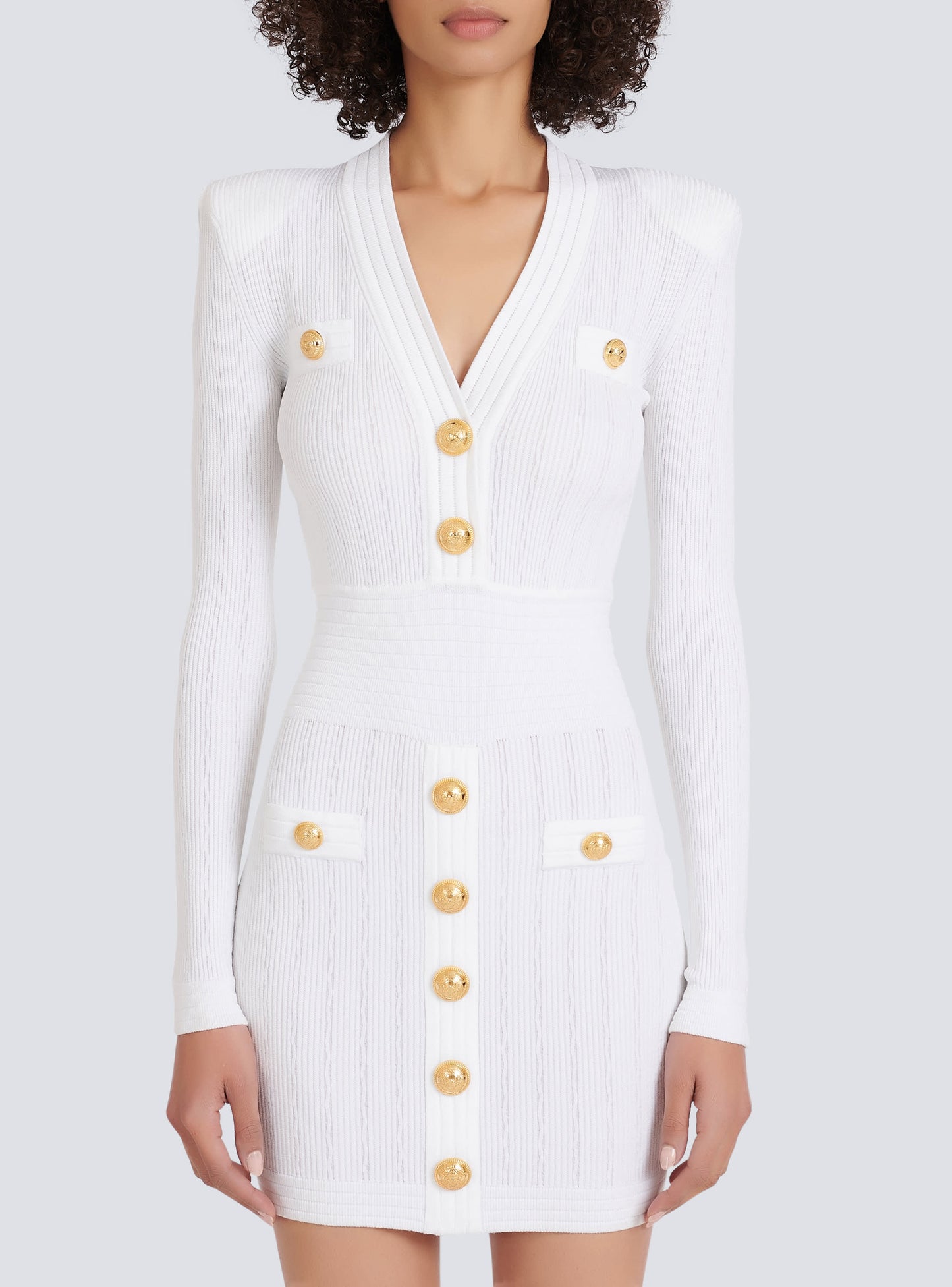 Sable White Short Knitted Mini Dress With Gold Buttons